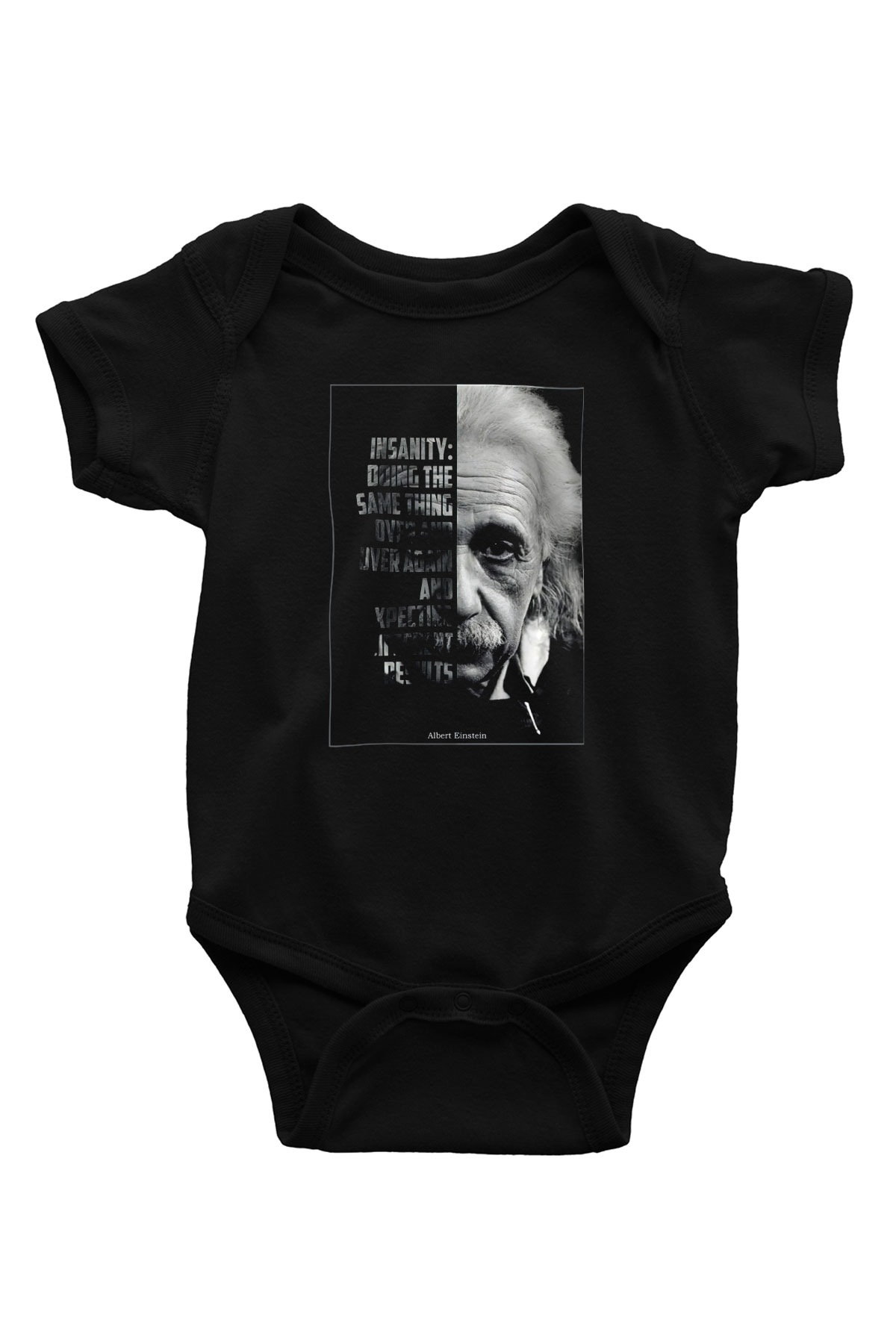 Albert Einstein Yarı Portre Baskılı Unisex  Siyah Bebek Body - Zıbın
