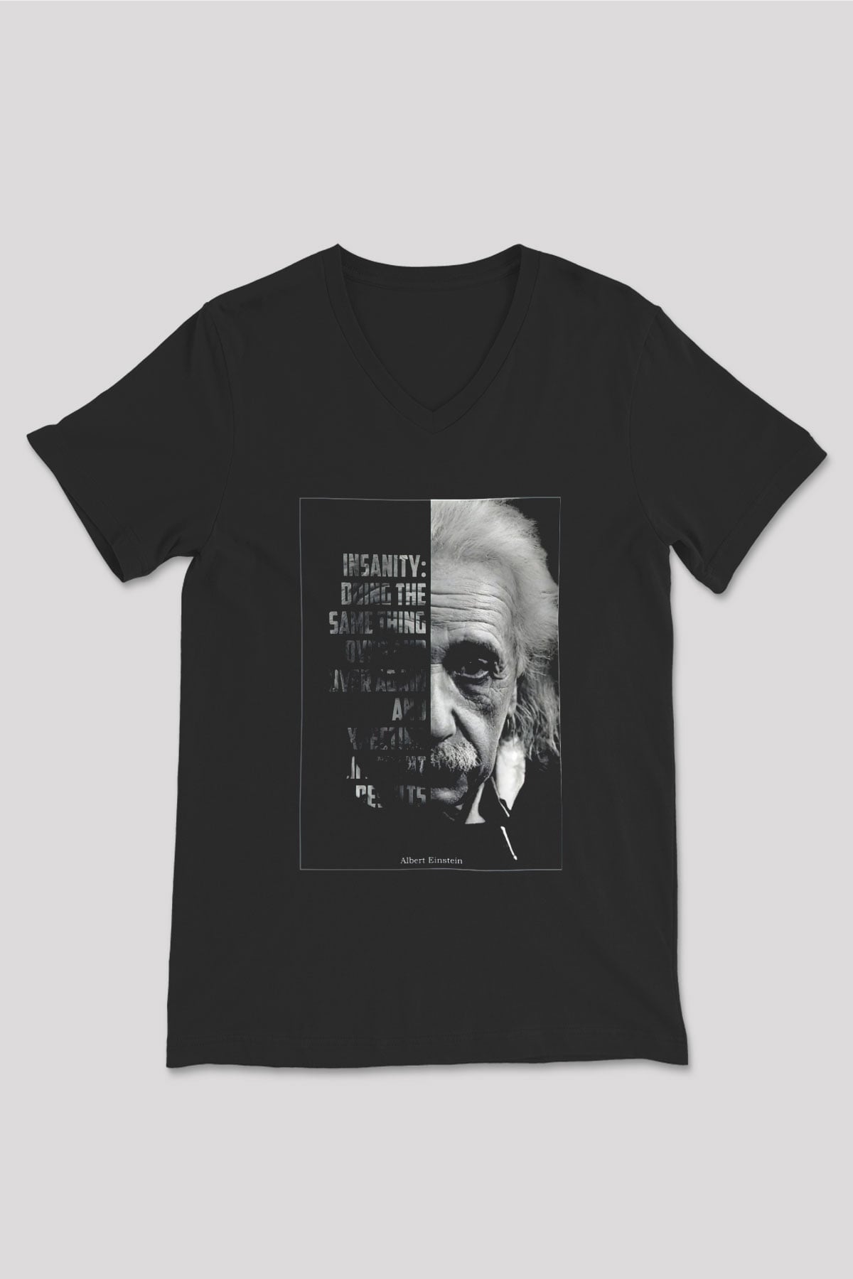 Albert Einstein Yarı Portre Baskılı Unisex V Yaka Siyah Tİşört - Tshirt