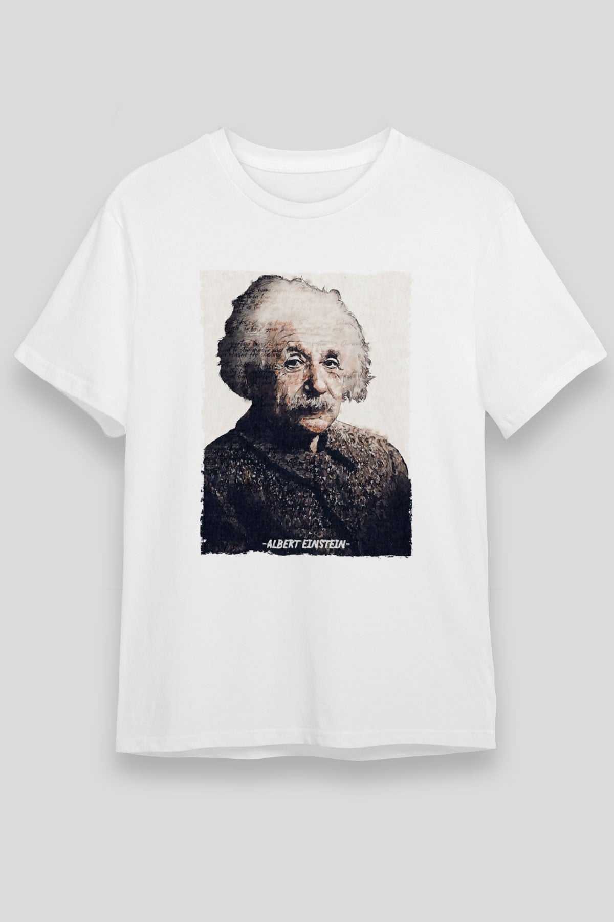 Albert Einstein Yazılı Portre Baskılı Unisex Beyaz Tişört - Tshirt