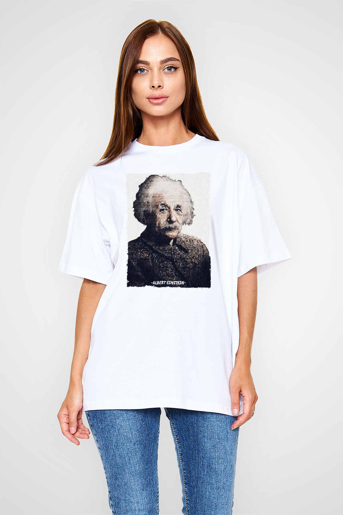 Albert Einstein Yazılı Portre Baskılı Unisex Oversize Beyaz Tişört - Tshirt