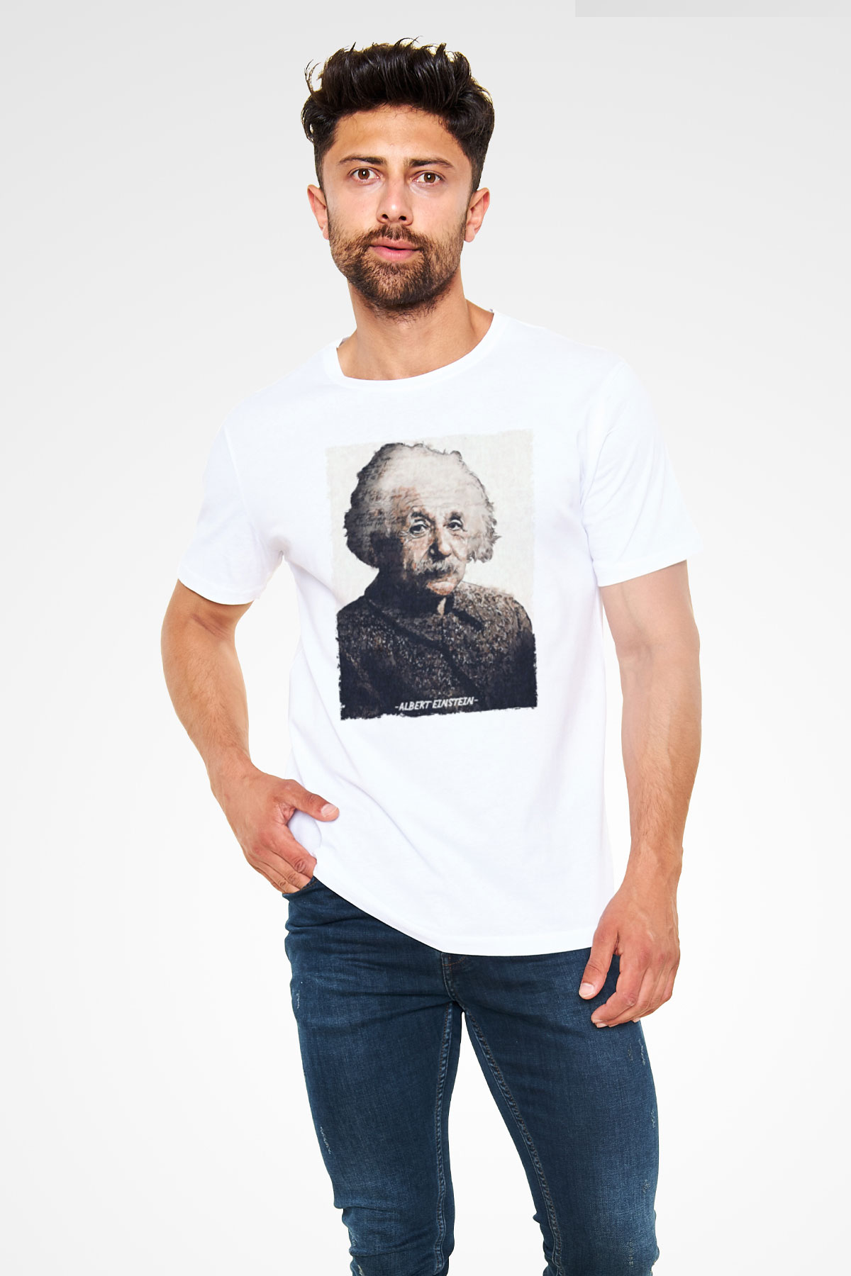 Albert Einstein Yazılı Portre Baskılı Unisex Beyaz Tişört - Tshirt