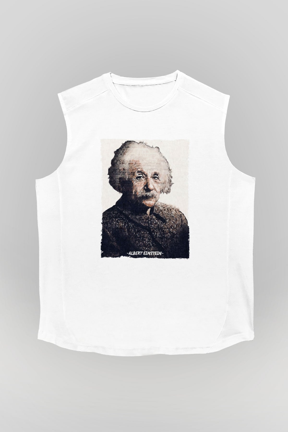 Albert Einstein Yazılı Portre Baskılı Unisex Kolsuz Beyaz Tişört - Tshirt