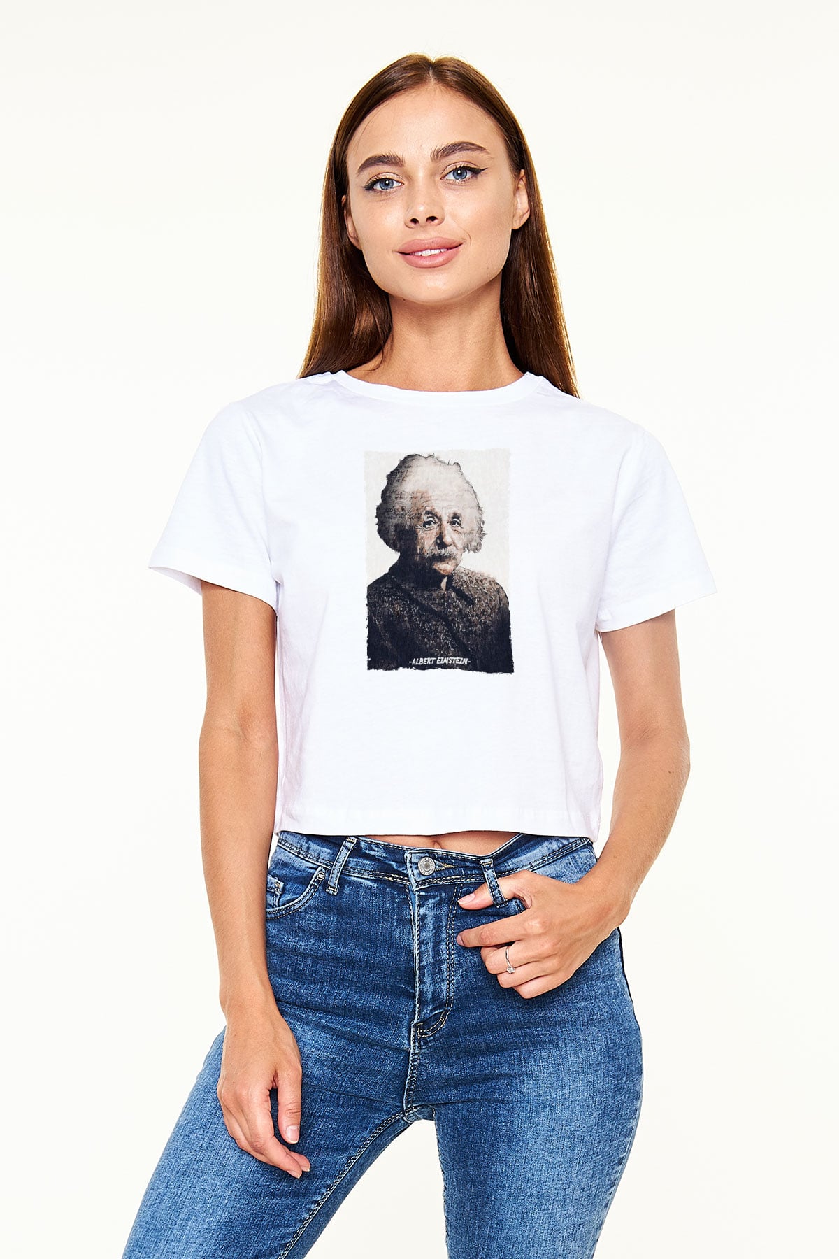 Albert Einstein Yazılı Portre Baskılı Kadın Crop Top Beyaz Tişört