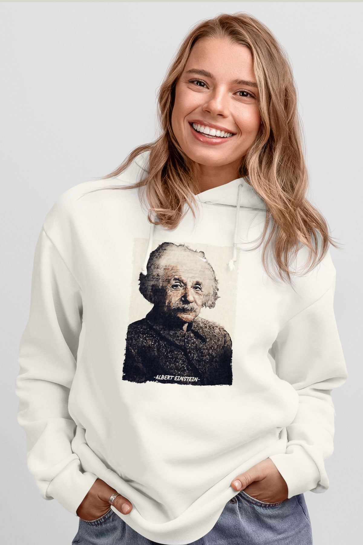 Albert Einstein Yazılı Portre Baskılı Unisex Ekru Hoodie