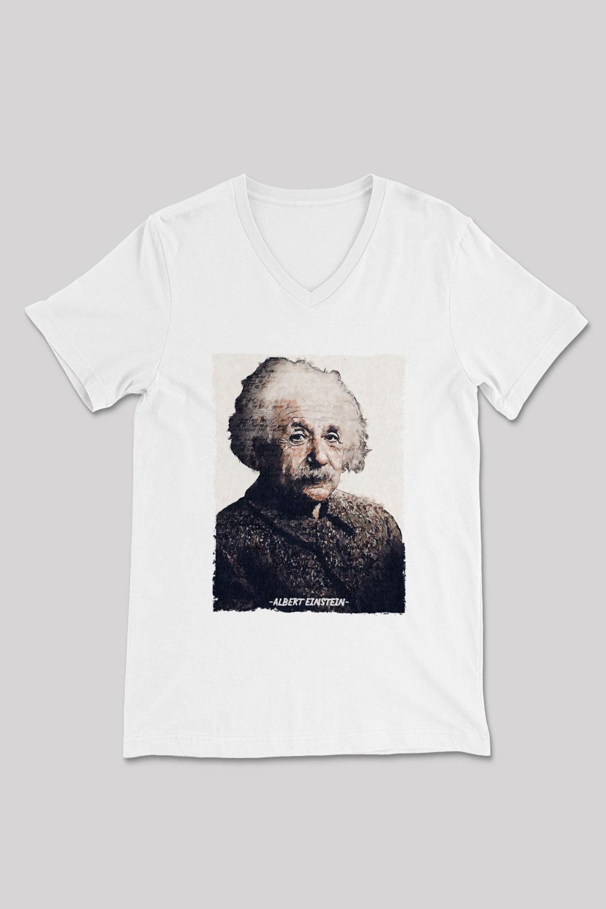 Albert Einstein Yazılı Portre Baskılı Unisex V Yaka Beyaz Tişört - Tshirt