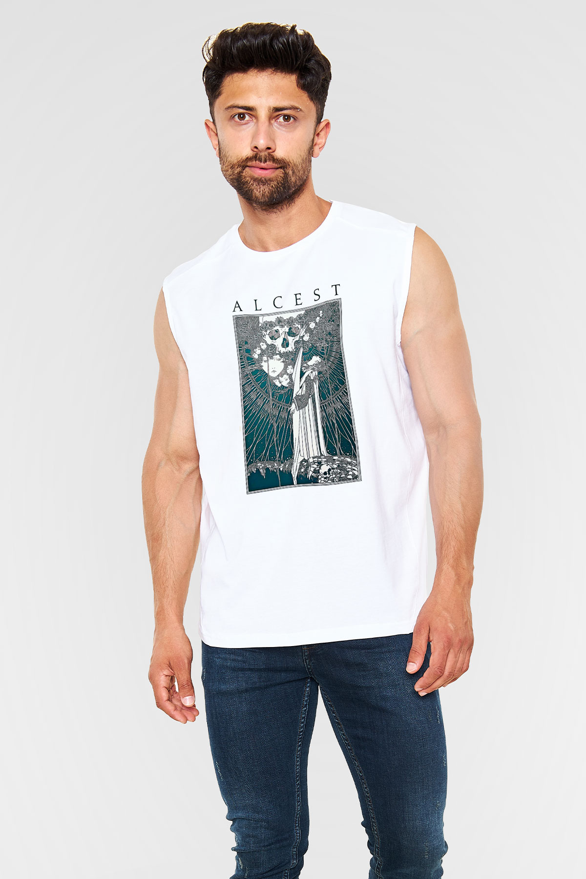 Alcest Baskılı Beyaz Unisex Kolsuz Tişört - Tshirt