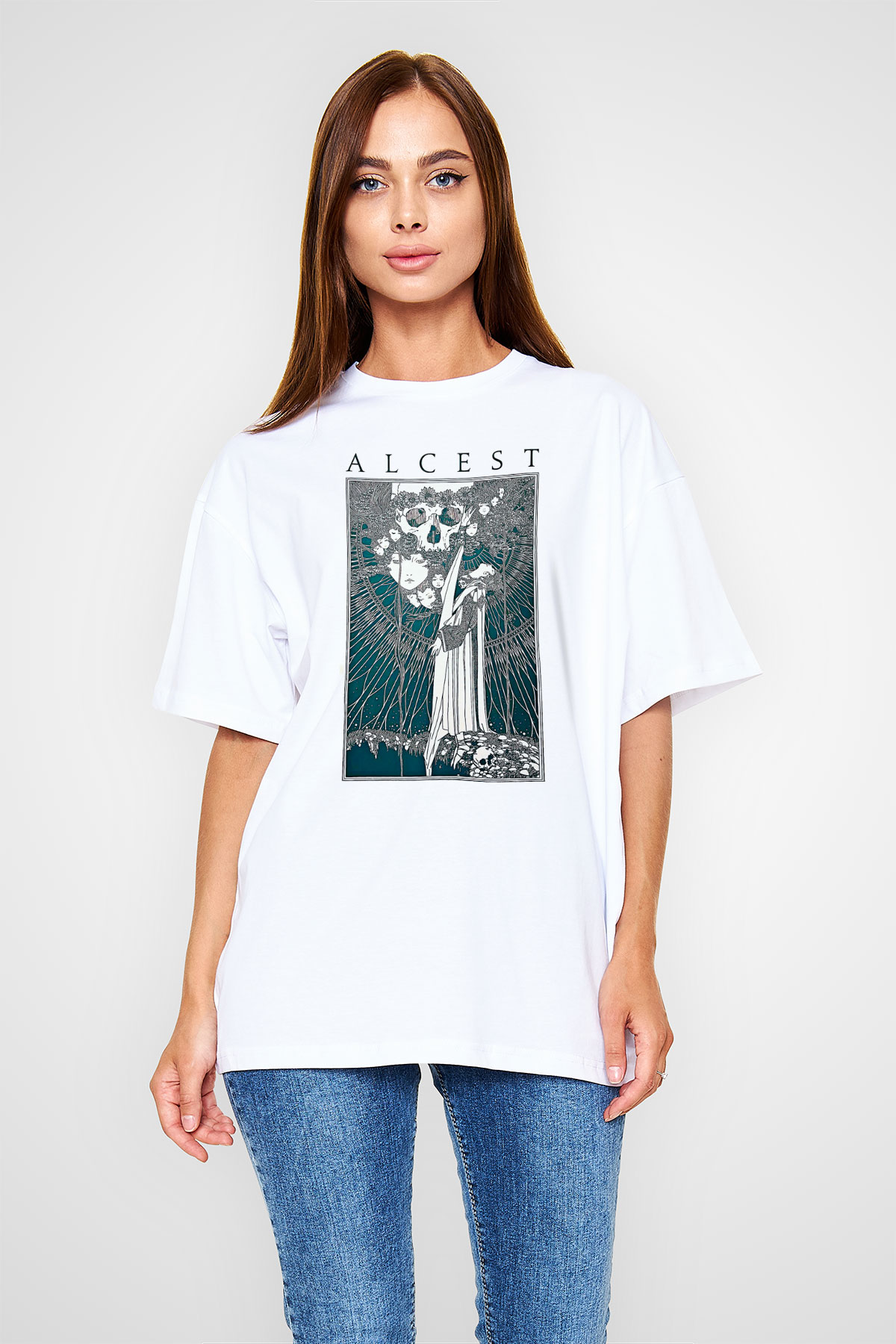 Alcest Baskılı Beyaz Unisex Oversize Tişört - Tshirt