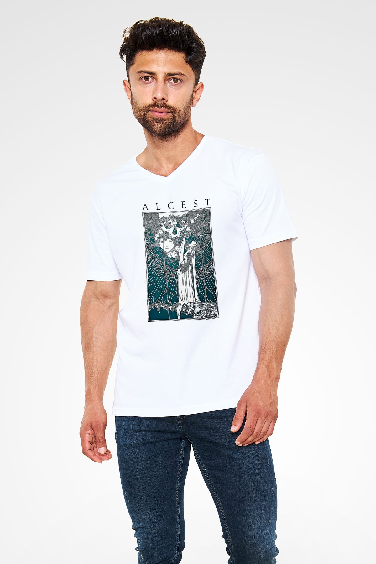 Alcest Baskılı Beyaz Unisex V Yaka Tişört - Tshirt