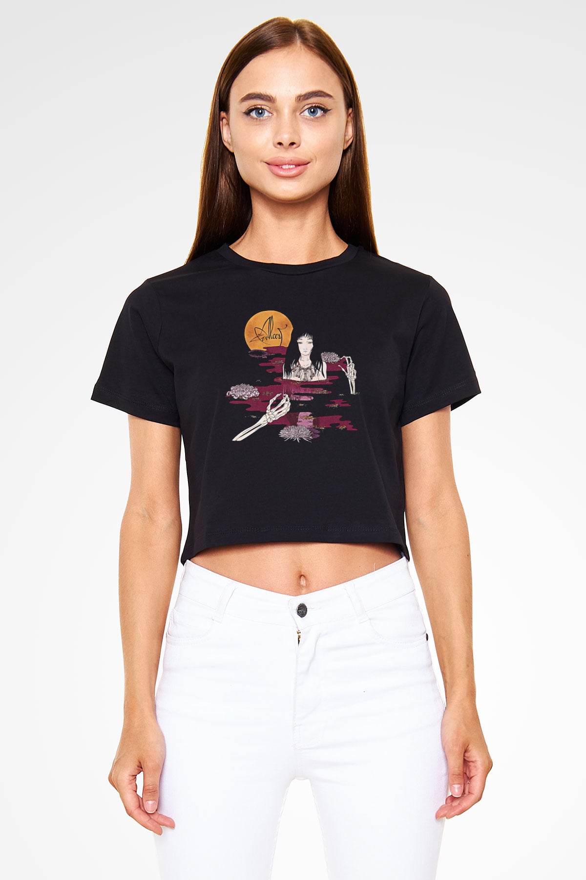 Alcest Baskılı Siyah Crop Top Kadın Tişört - Tshirt