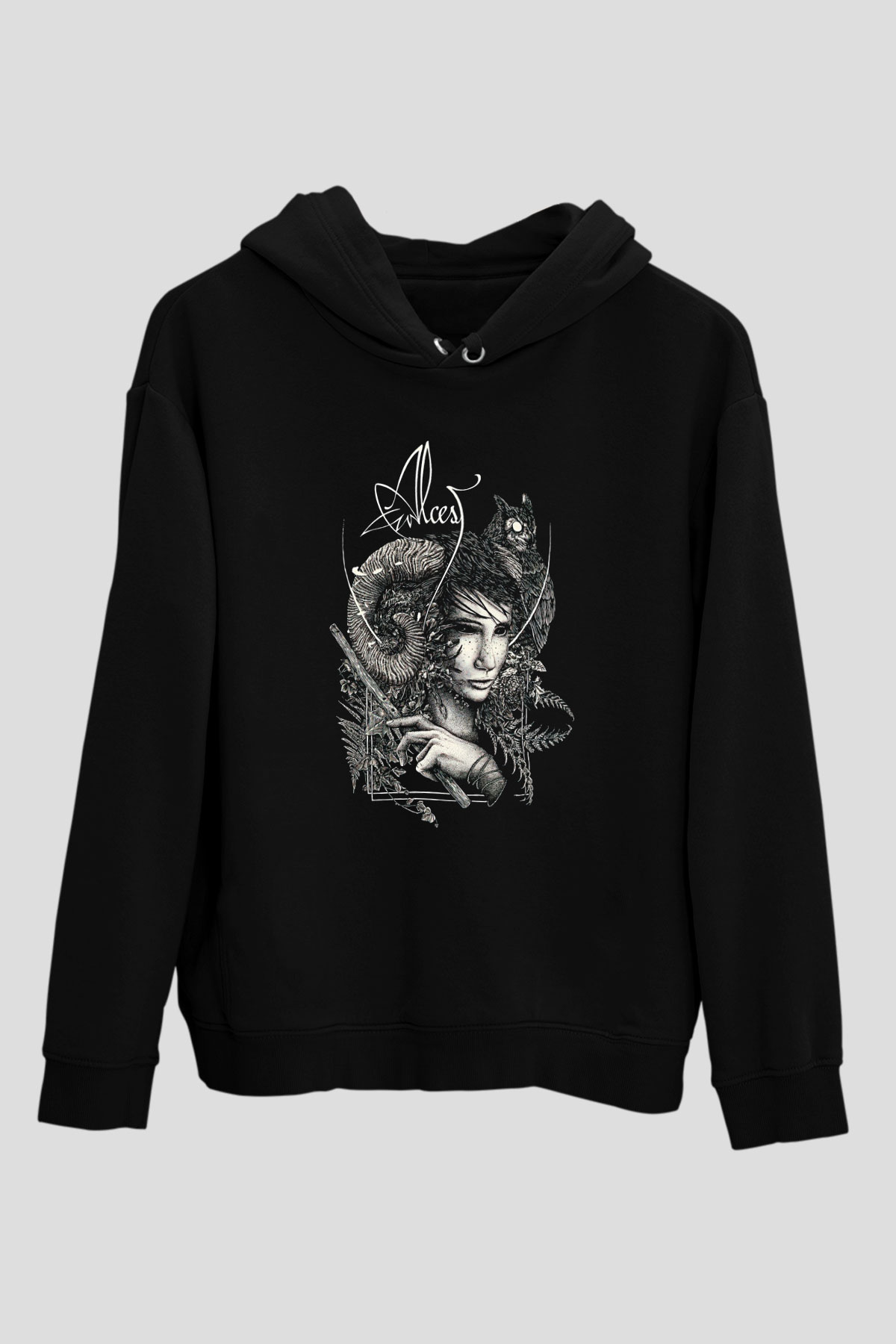 Alcest Baskılı Unisex Siyah Kapüşonlu Sweatshirt