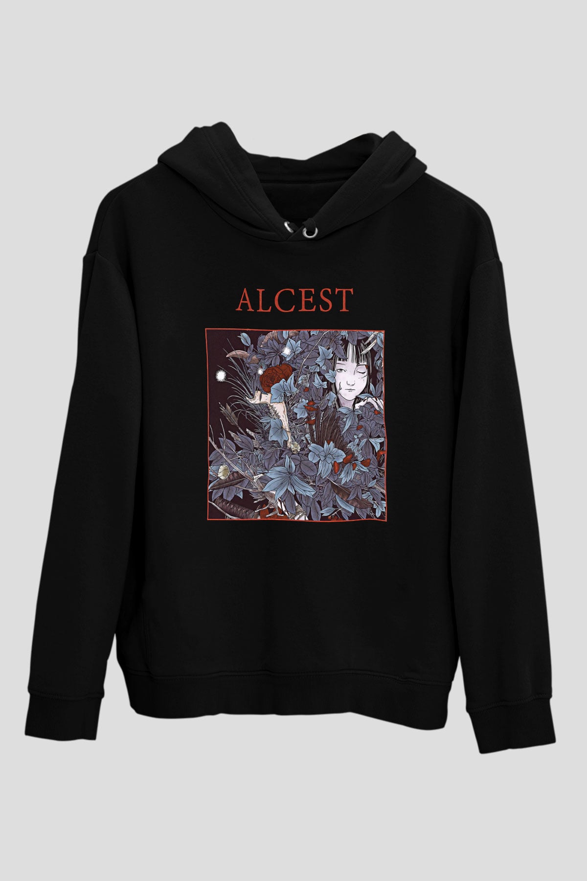 Alcest Baskılı Unisex Siyah Kapüşonlu Sweatshirt