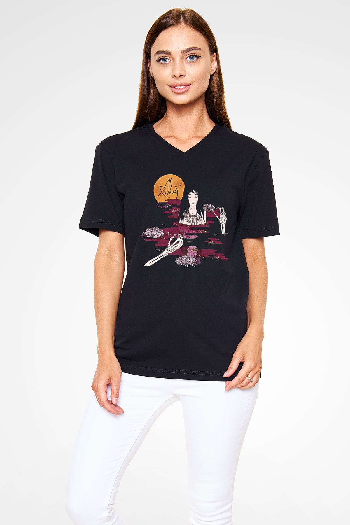 Alcest Baskılı Unisex Siyah V Yaka Tişört - Tshirt