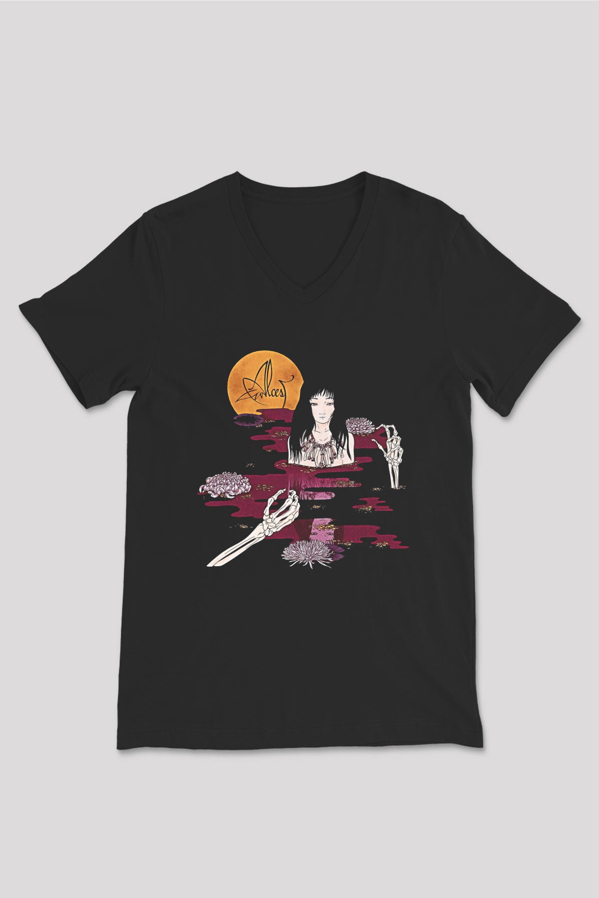 Alcest Baskılı Unisex Siyah V Yaka Tişört - Tshirt