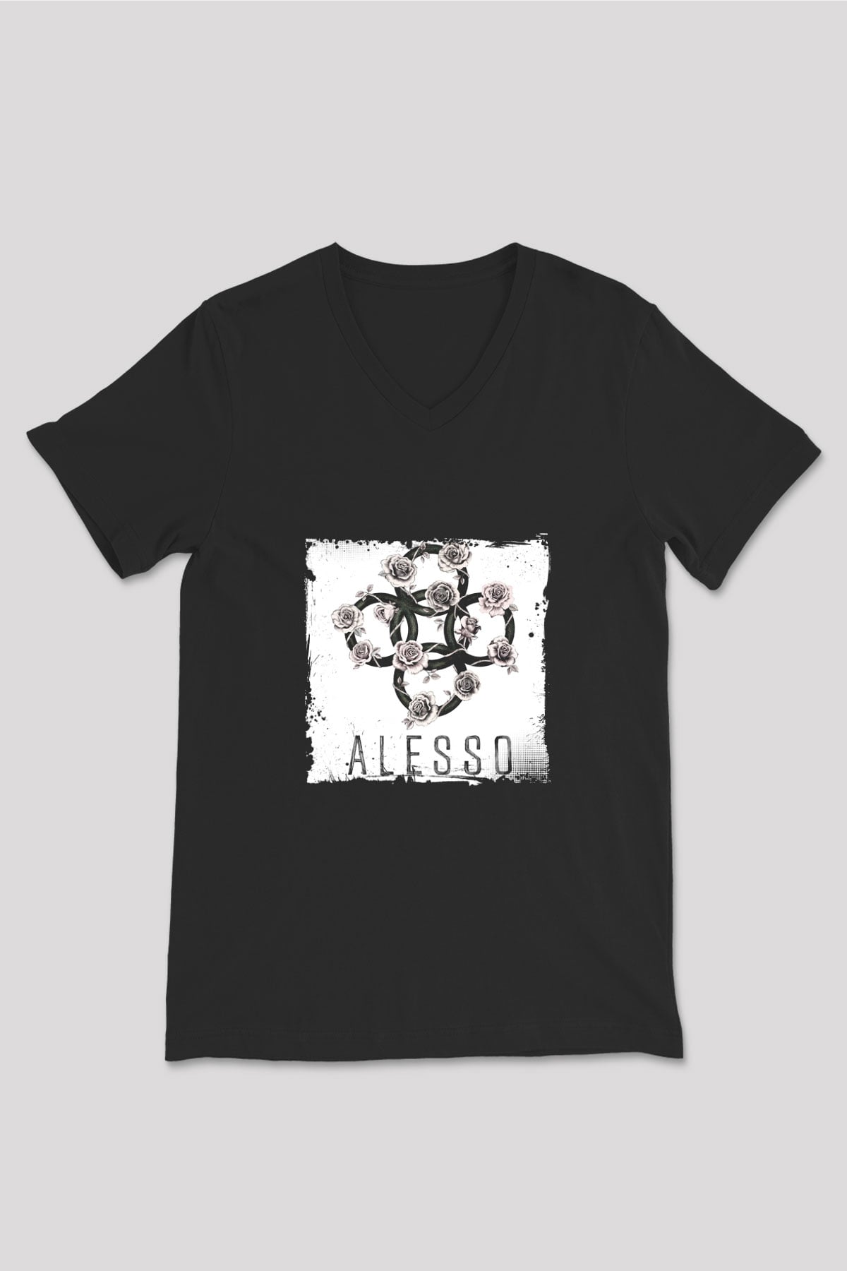 Alesso Baskılı Unisex Siyah V Yaka Tişört