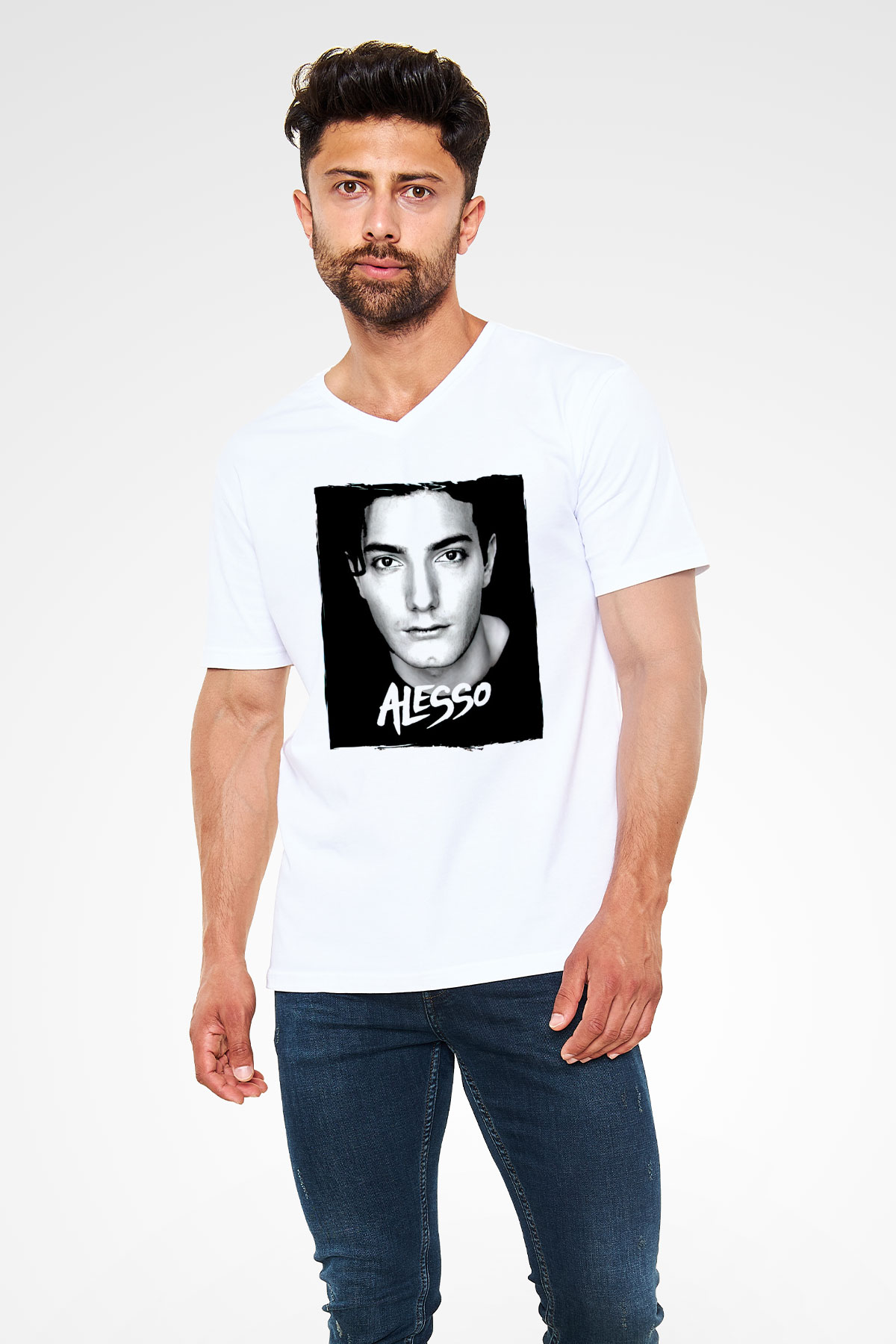 Alesso Beyaz Unisex V Yaka Tişört
