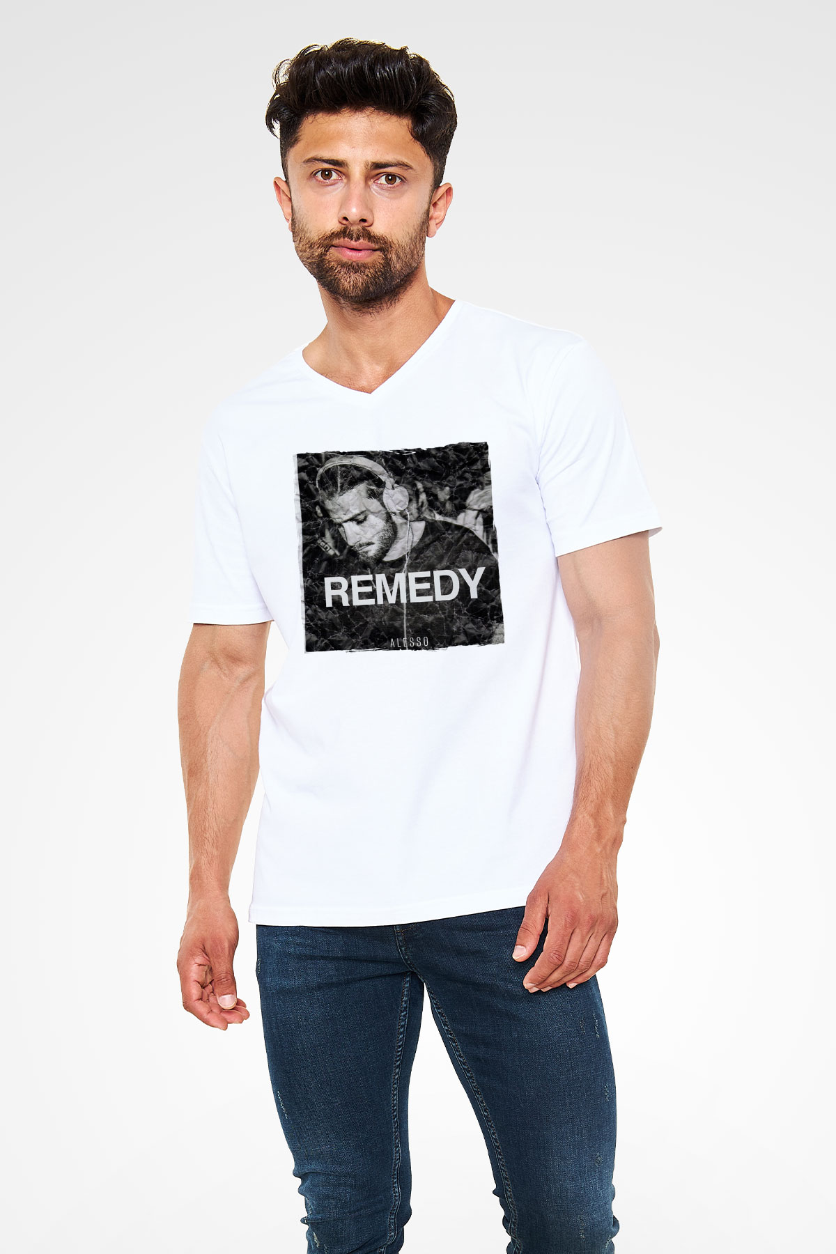 Alesso Beyaz Unisex V Yaka Tişört