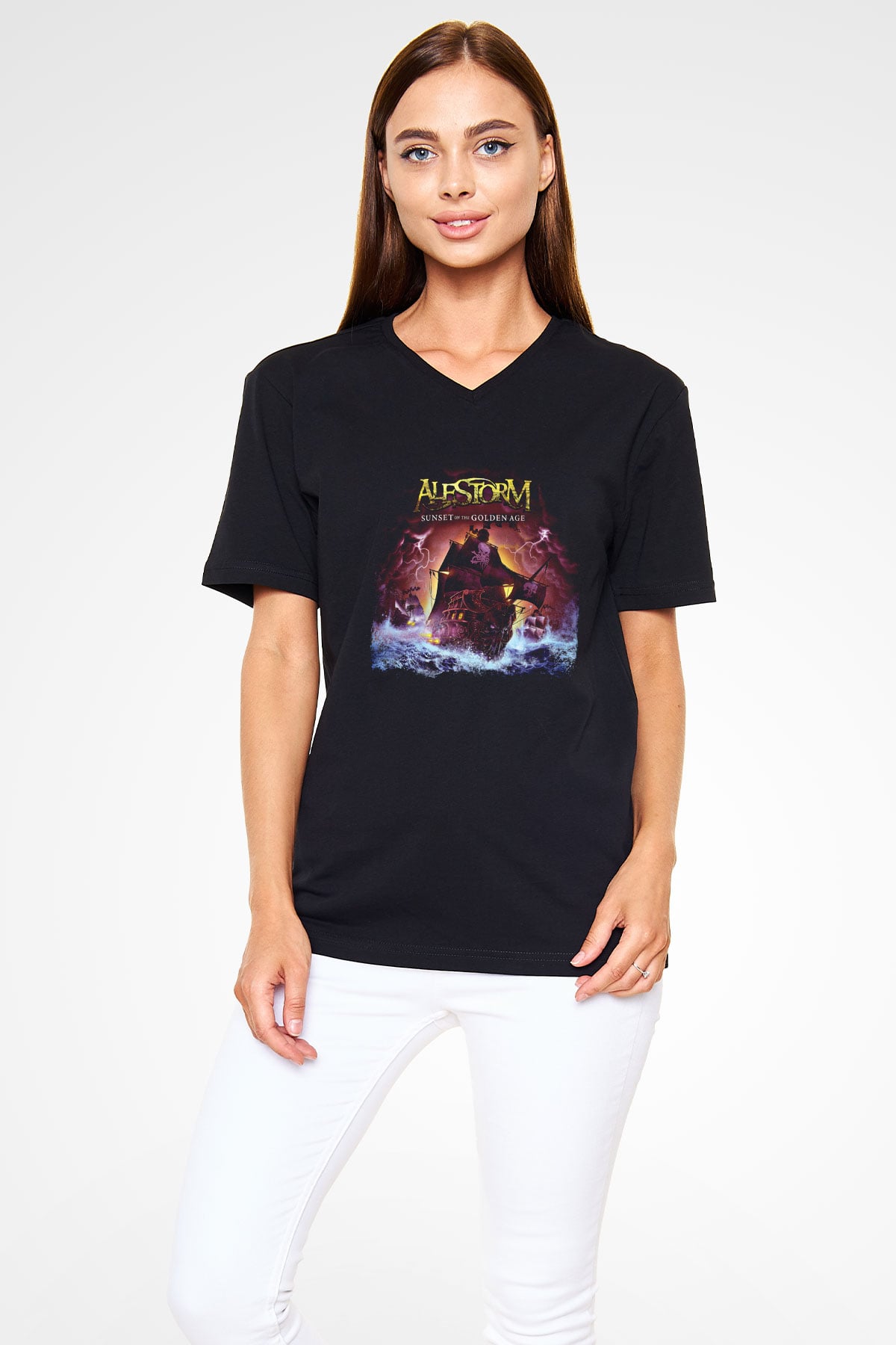Alestorm Baskılı Unisex Siyah V Yaka Tişört