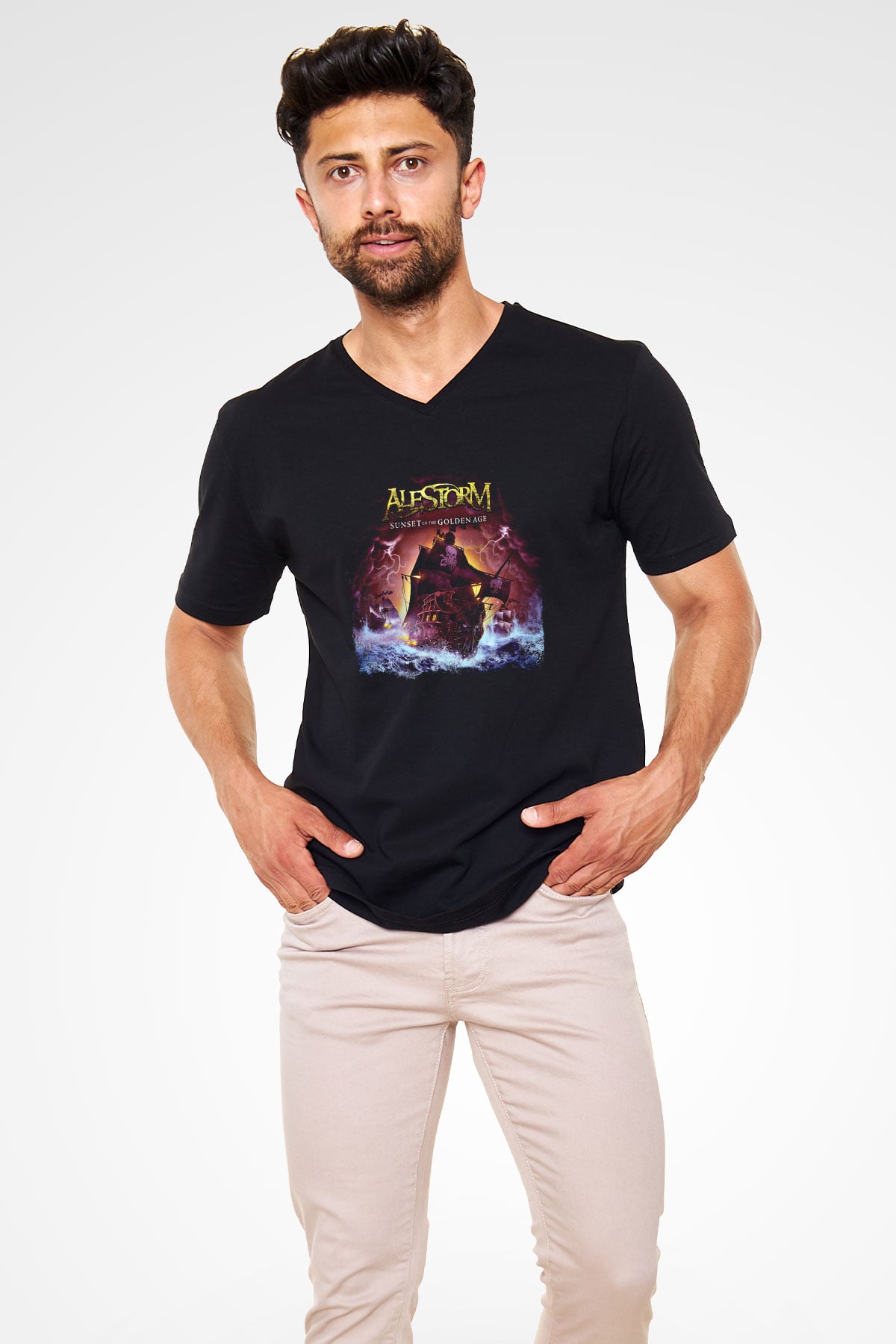 Alestorm Baskılı Unisex Siyah V Yaka Tişört