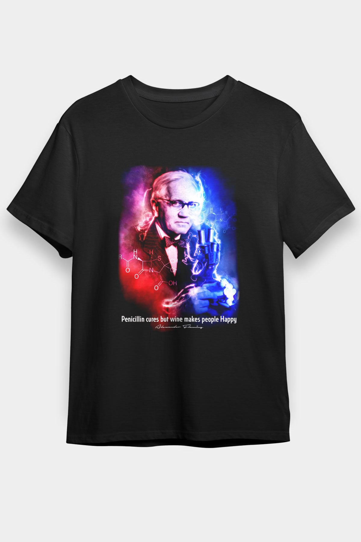 Alexander Fleming Baskılı Unisex Siyah Tişört - Tshirt