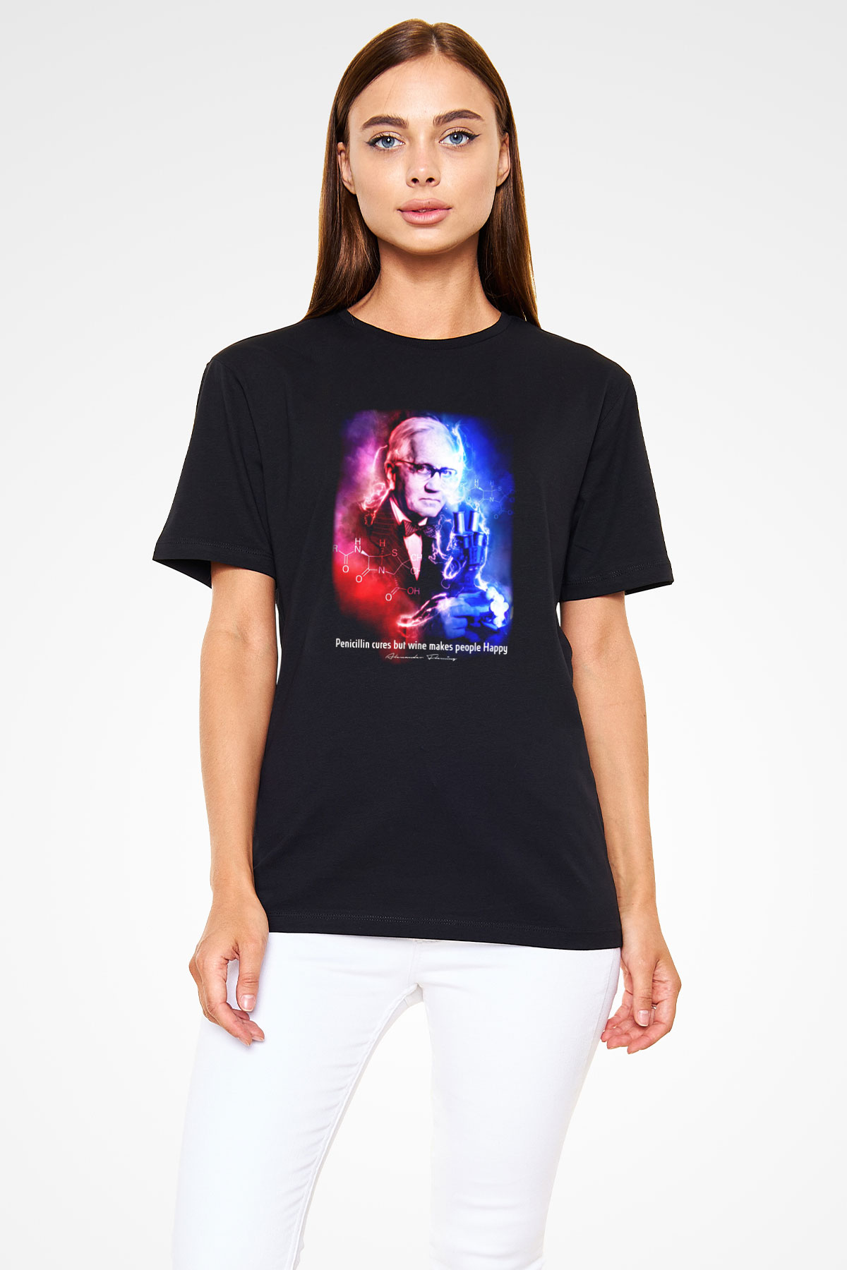 Alexander Fleming Baskılı Unisex Siyah Tişört - Tshirt