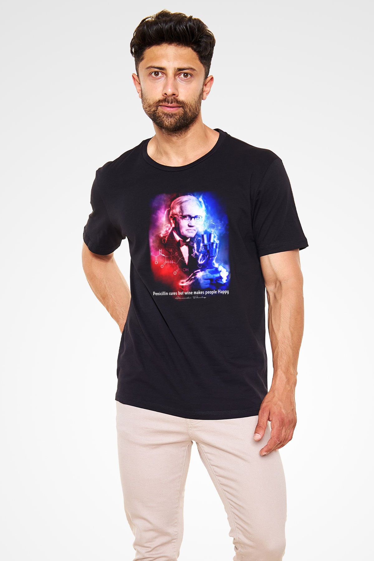 Alexander Fleming Baskılı Unisex Siyah Tişört - Tshirt