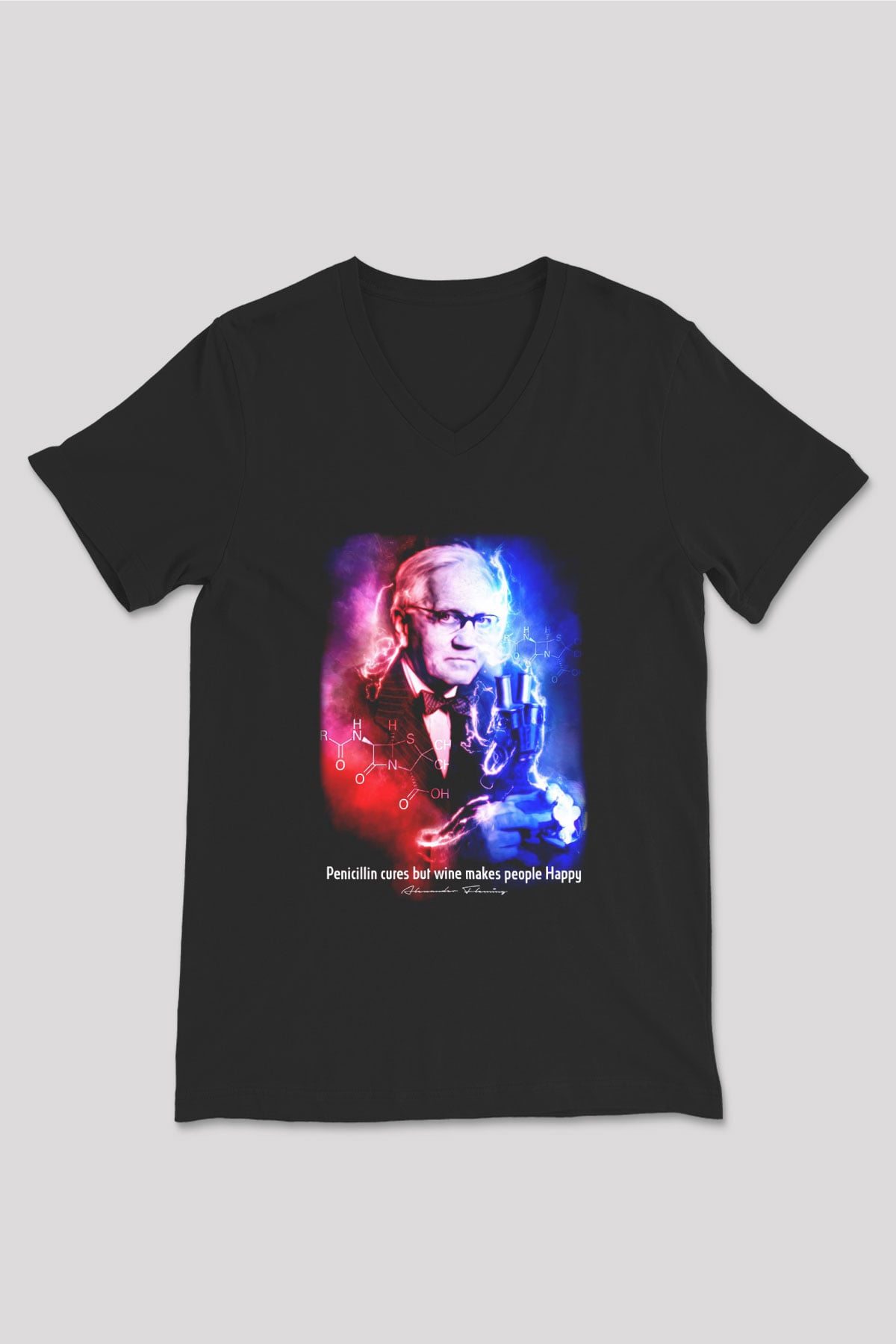 Alexander Fleming Baskılı Unisex V Yaka Siyah Tİşört - Tshirt