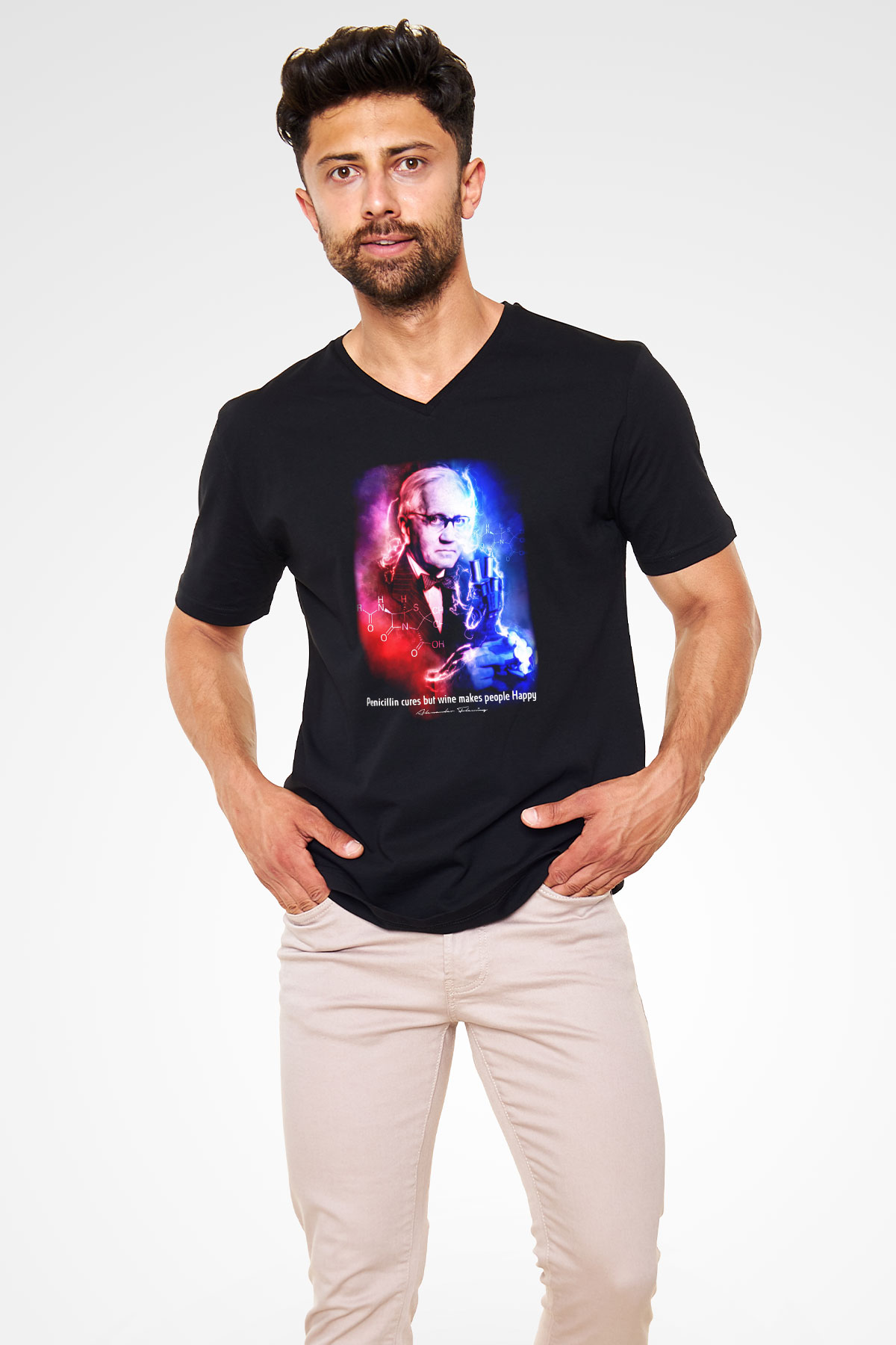 Alexander Fleming Baskılı Unisex V Yaka Siyah Tİşört - Tshirt