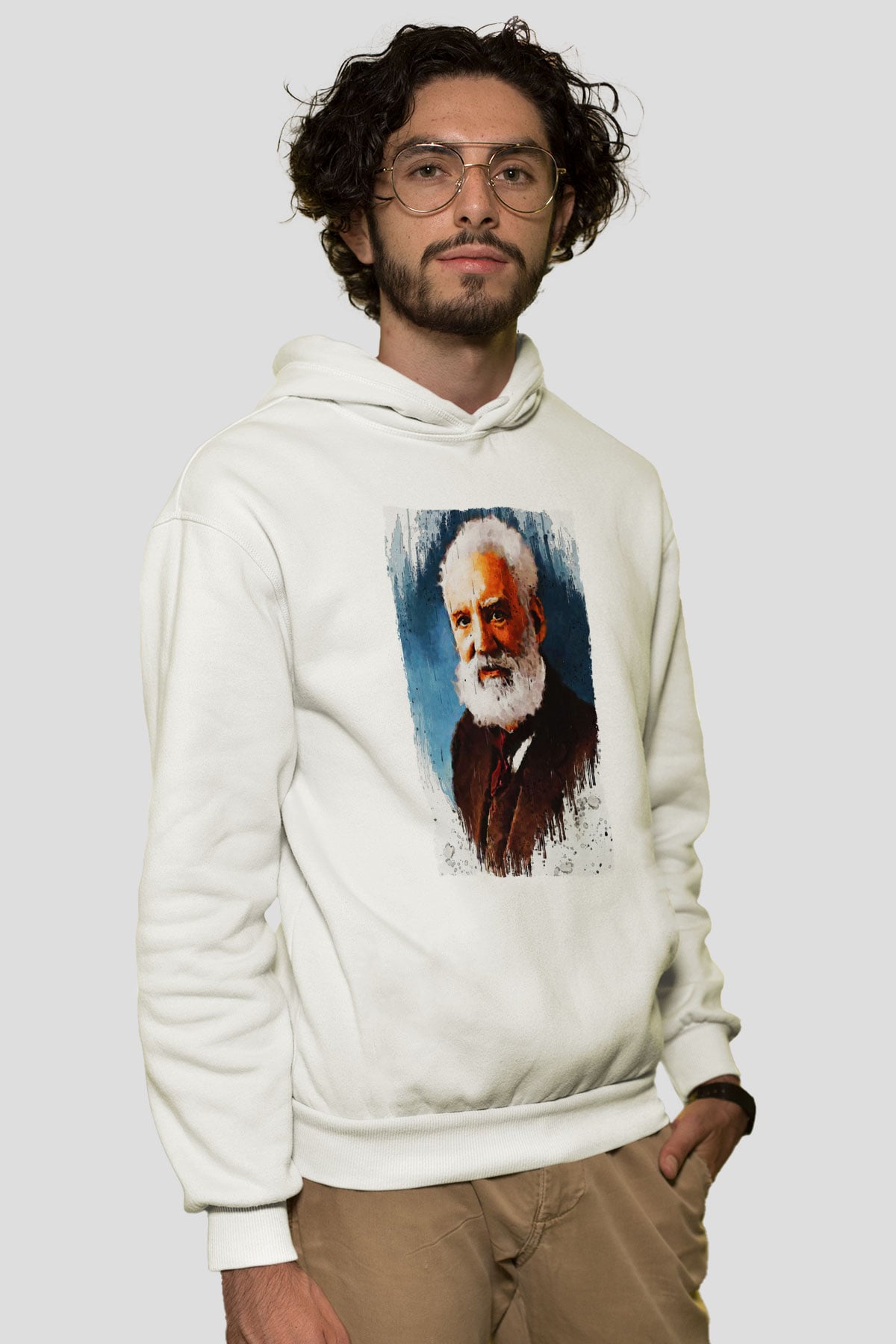 Alexander Graham Bell Baskılı Unisex Ekru Hoodie