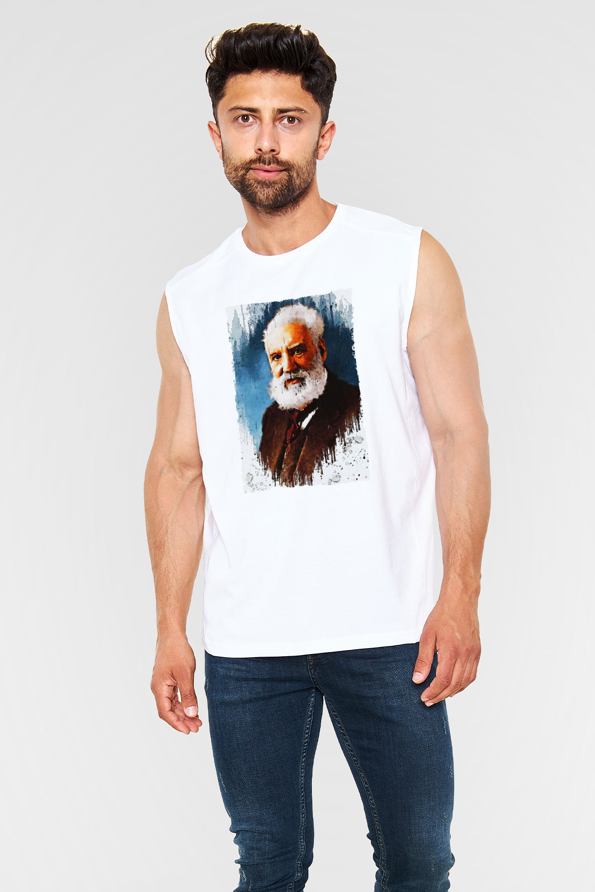 Alexander Graham Bell Baskılı Unisex Kolsuz Beyaz Tişört - Tshirt