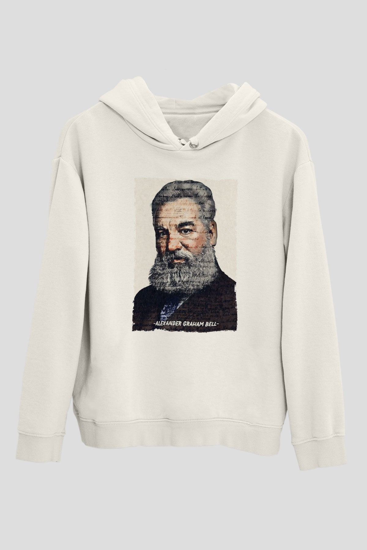 Alexander Graham Bell Yazılı Portre Baskılı Unisex Ekru Hoodie