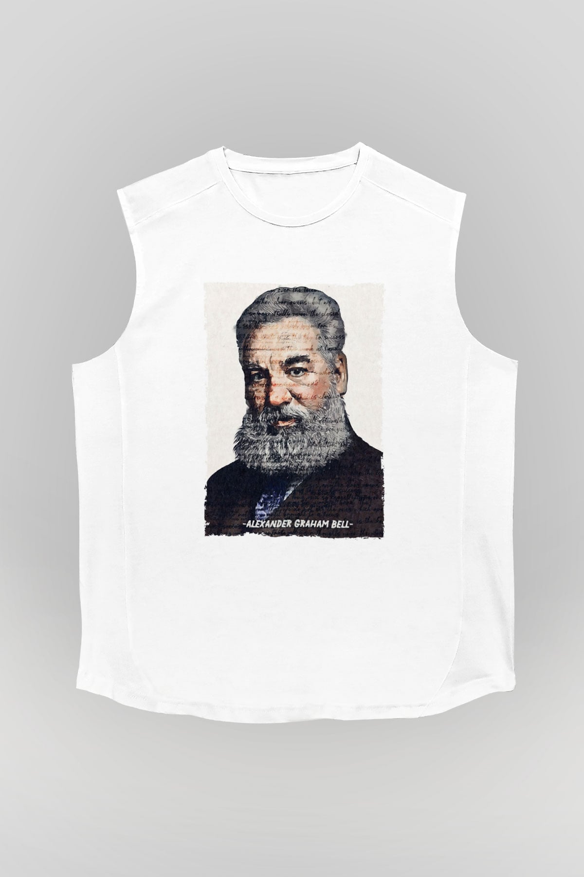 Alexander Graham Bell Yazılı Portre Baskılı Unisex Kolsuz Beyaz Tişört - Tshirt