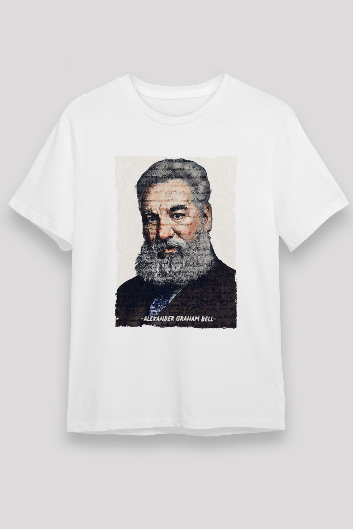 Alexander Graham Bell Yazılı Portre Baskılı Unisex Beyaz Tişört - Tshirt