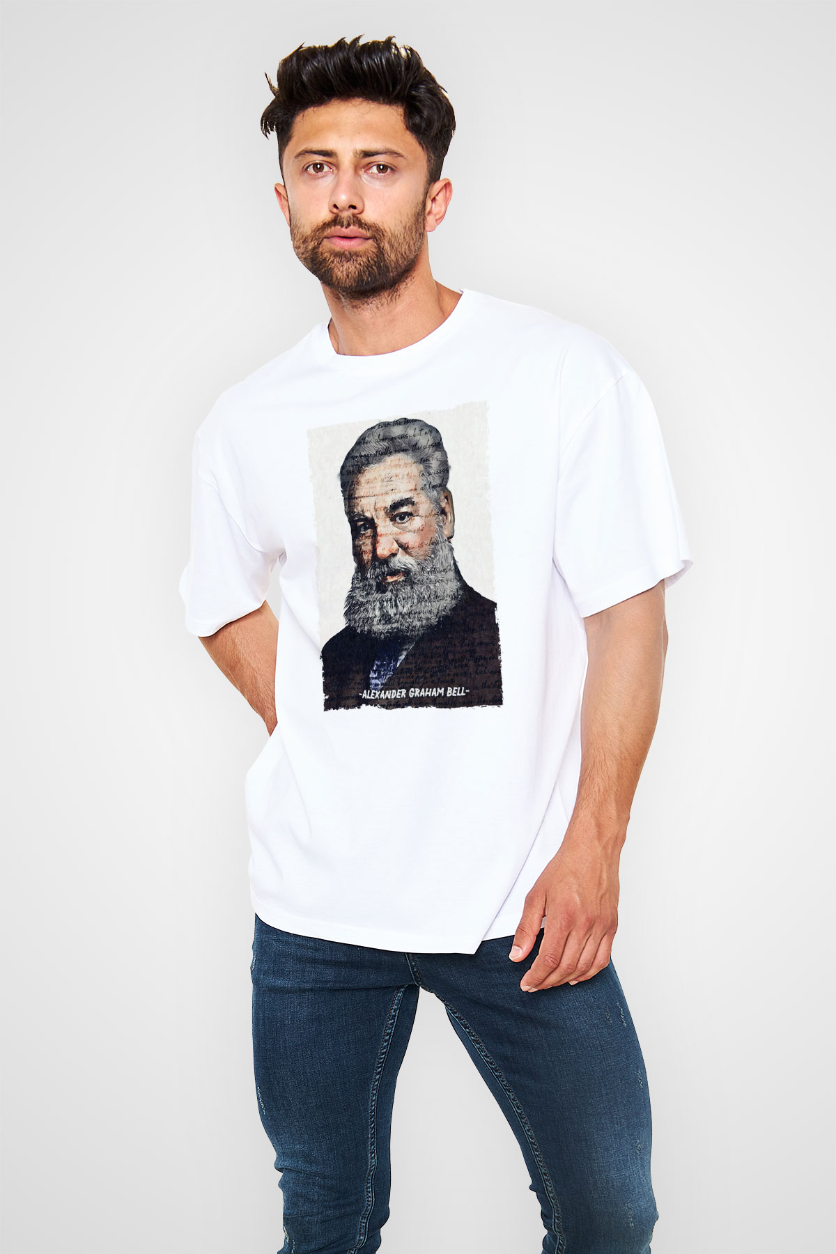 Alexander Graham Bell Yazılı Portre Baskılı Unisex Oversize Beyaz Tişört - Tshirt