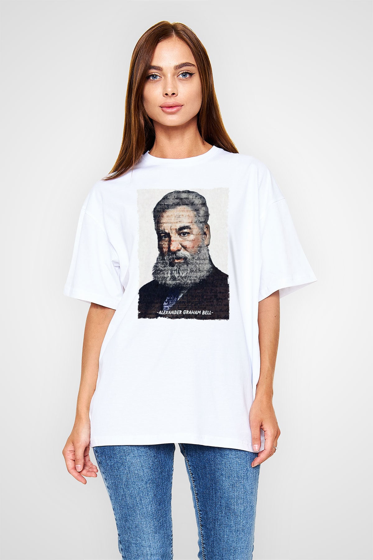 Alexander Graham Bell Yazılı Portre Baskılı Unisex Oversize Beyaz Tişört - Tshirt
