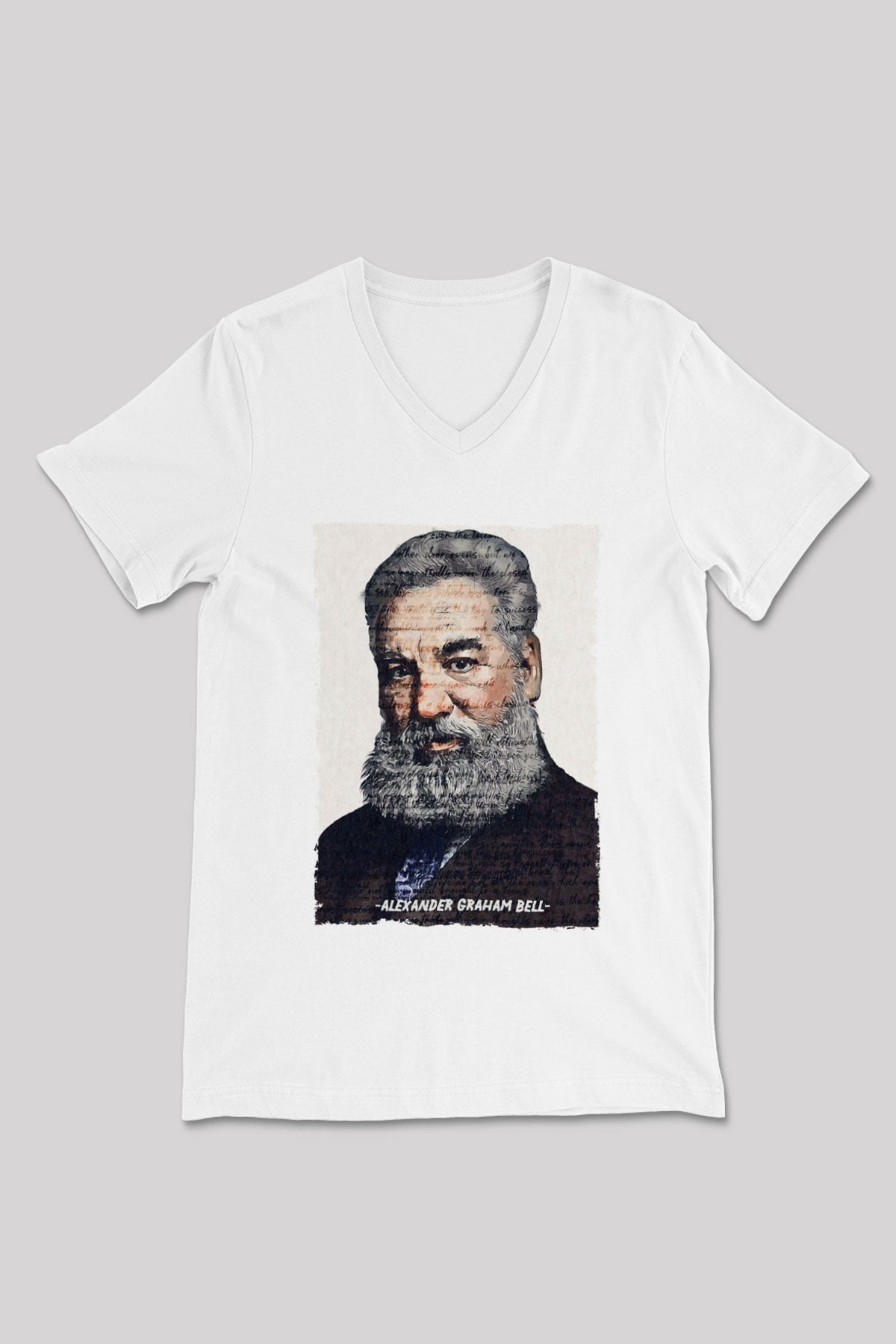 Alexander Graham Bell Yazılı Portre Baskılı Unisex V Yaka Beyaz Tişört - Tshirt