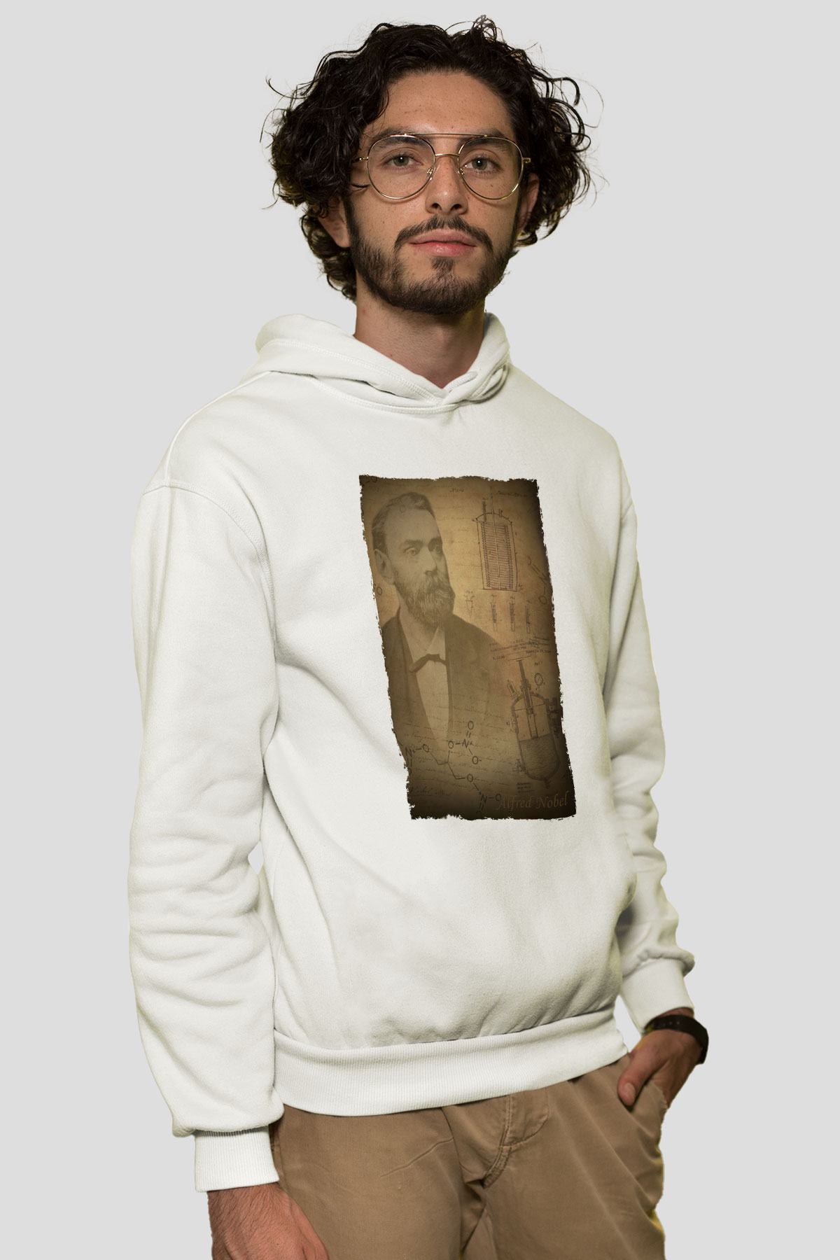 Alfred Nobel Baskılı Unisex Ekru Hoodie