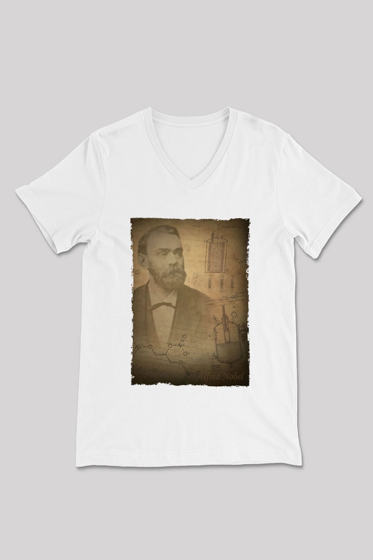 Alfred Nobel Baskılı Unisex V Yaka Beyaz Tişört - Tshirt