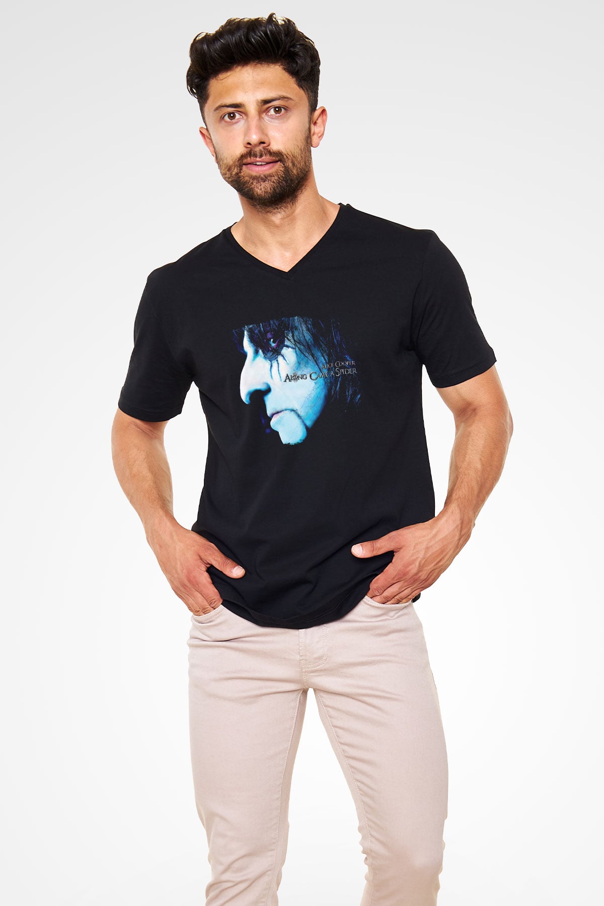Alice Cooper Baskılı Unisex Siyah V Yaka Tişört