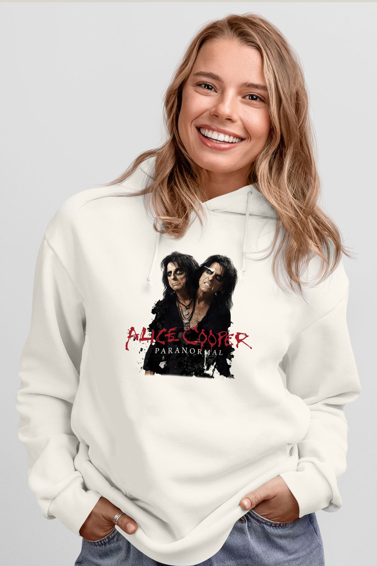 Alice Cooper Beyaz Unisex Kapşonlu Sweatshirt