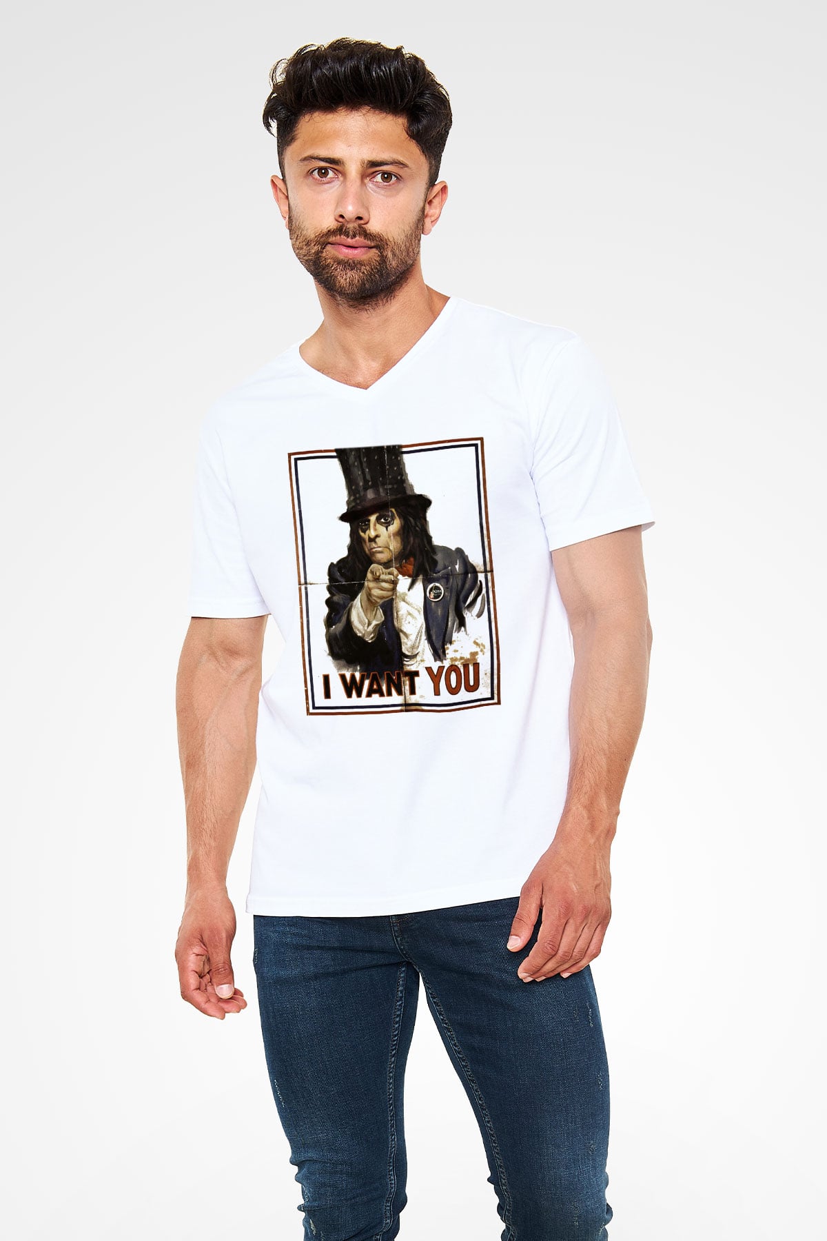 Alice Cooper Beyaz Unisex V Yaka Tişört T-Shirt