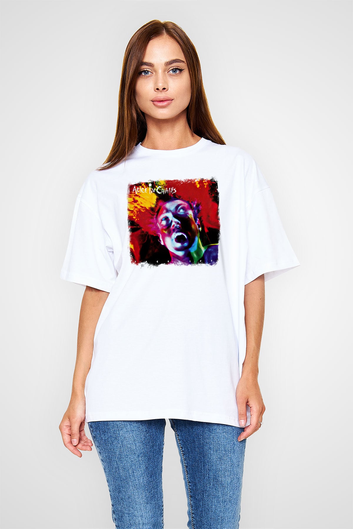 Alice in Chains Baskılı Unisex Beyaz Oversize Tişört