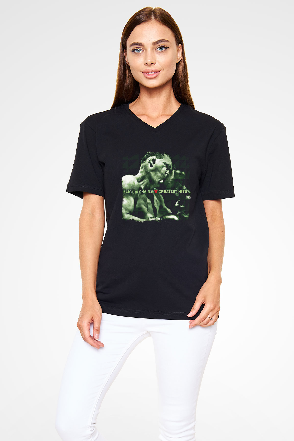 Alice in Chains Baskılı Unisex Siyah V Yaka Tişört