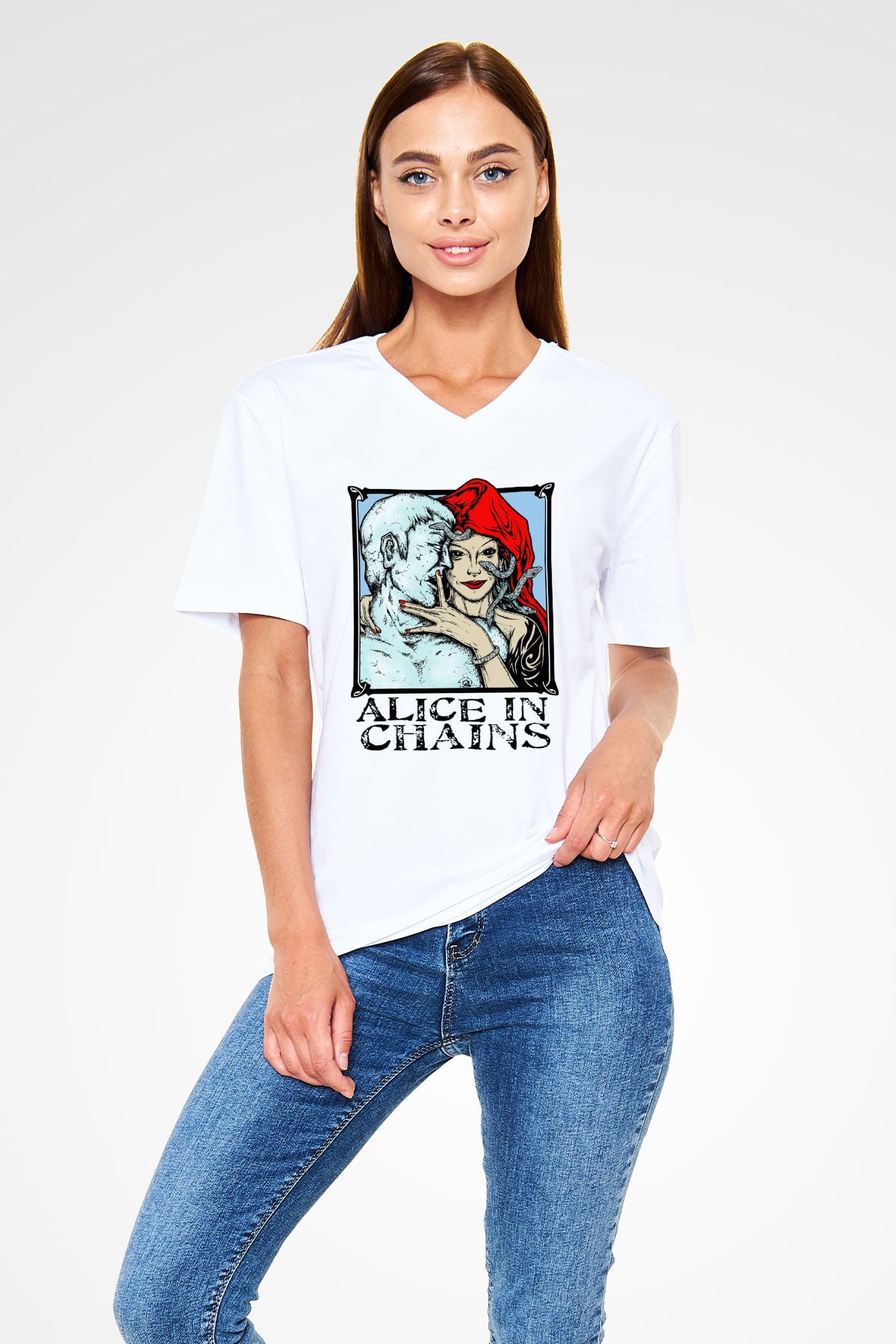 Alice in Chains Beyaz Unisex V Yaka Tişört T-Shirt