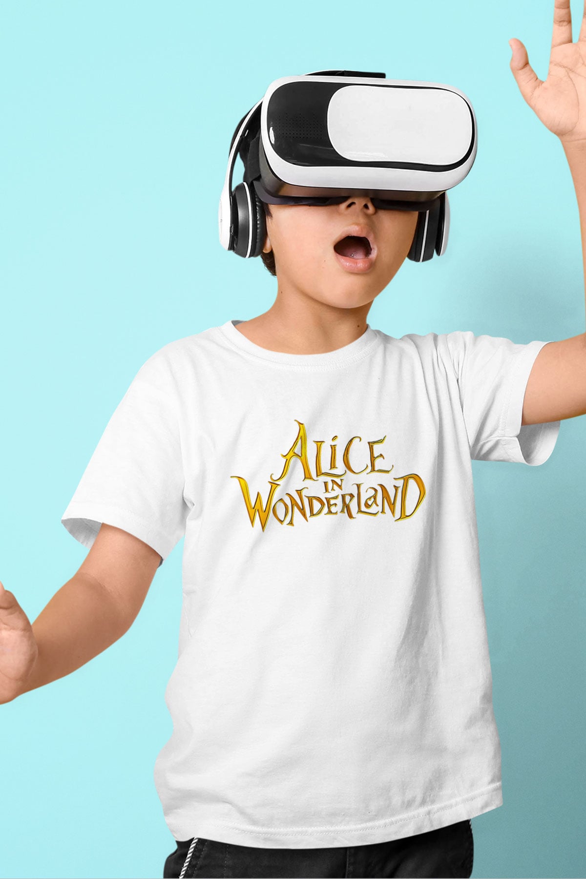 Alice in Wonderland Baskılı Beyaz Unisex Çocuk Tişört