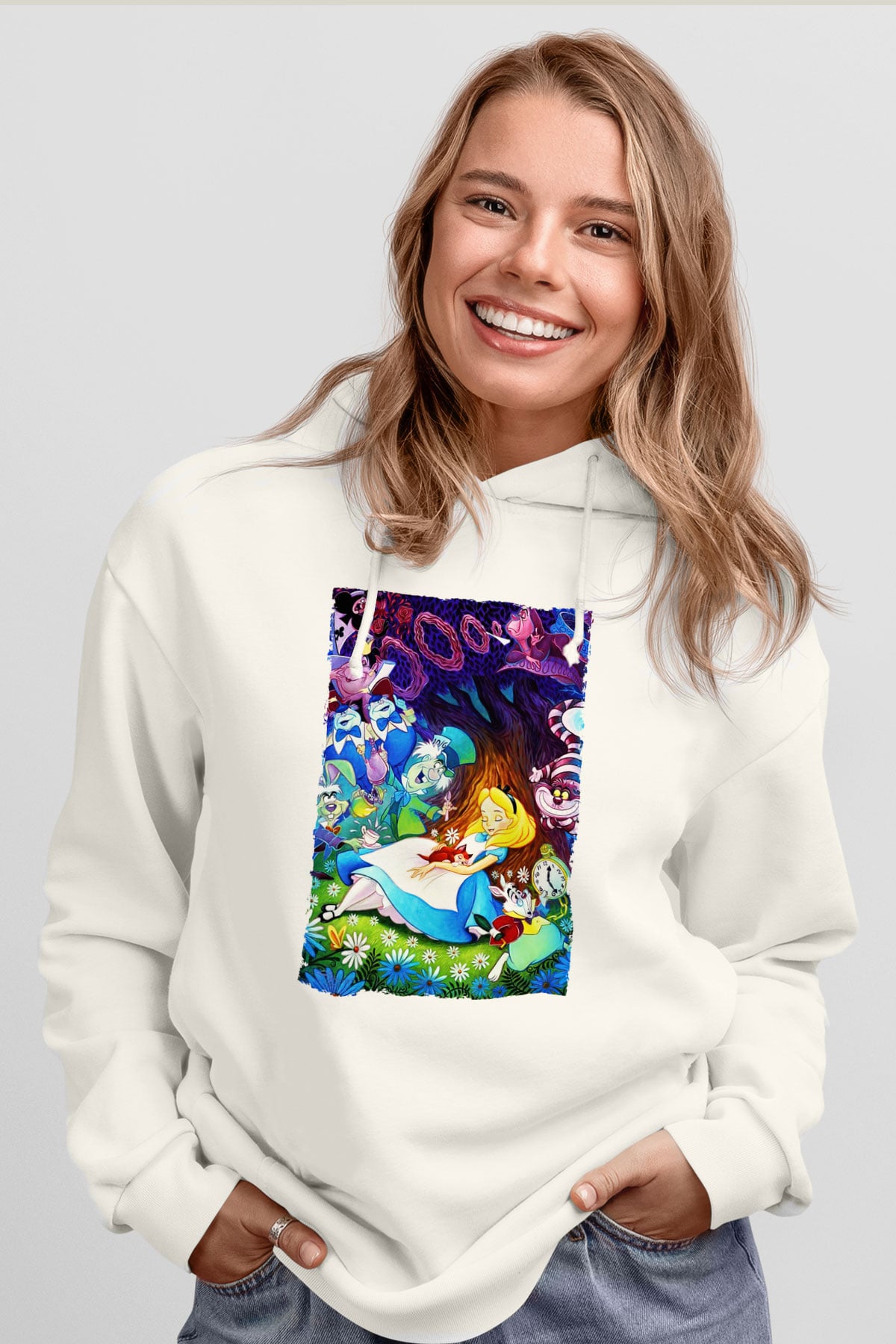 Alice in Wonderland Beyaz Unisex Hoodie