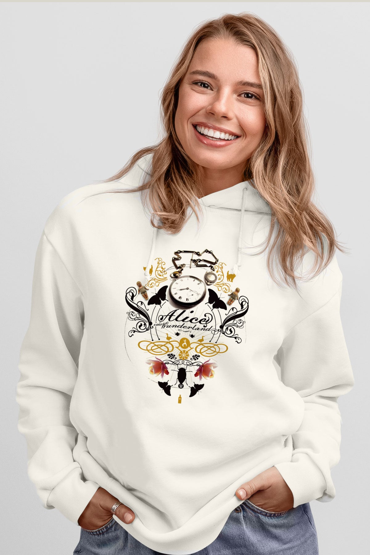 Alice in Wonderland Beyaz Unisex Hoodie