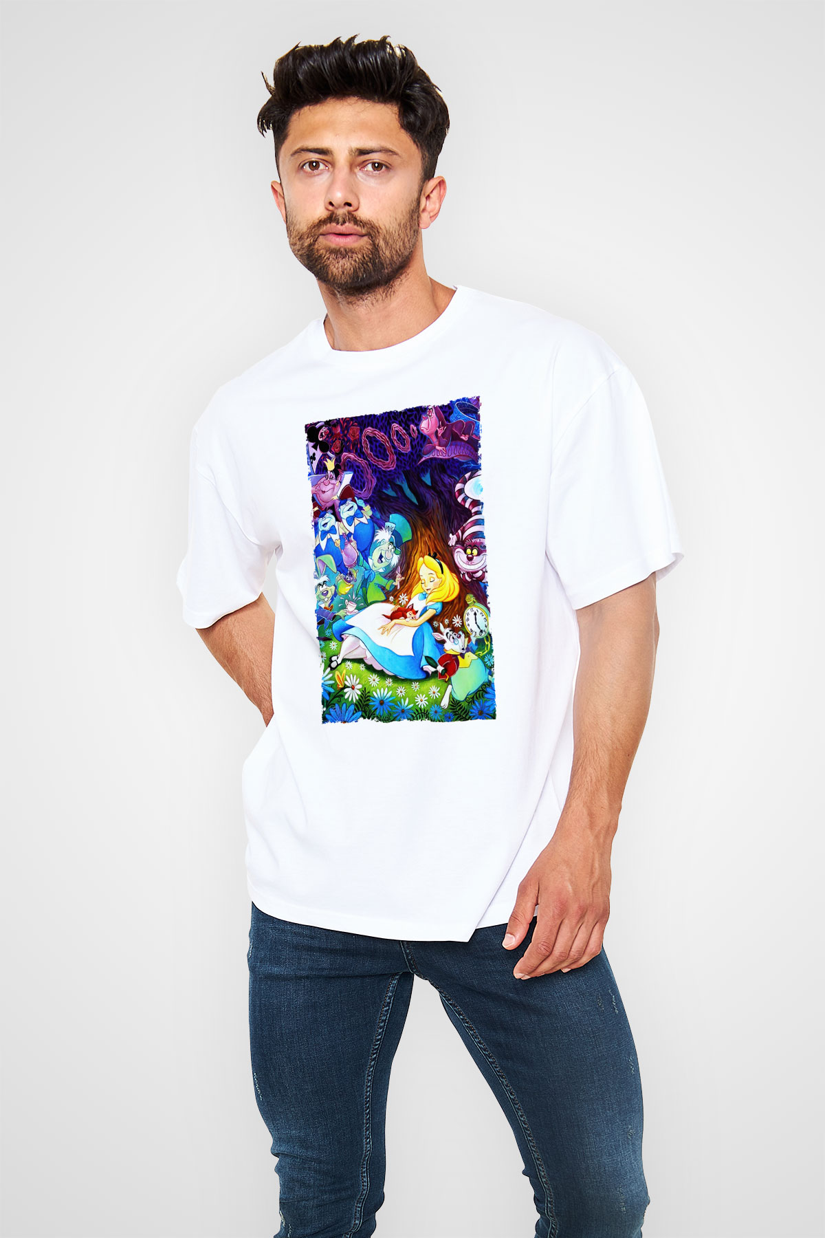 Alice in Wonderland Beyaz Unisex Oversize Tişört T-Shirt