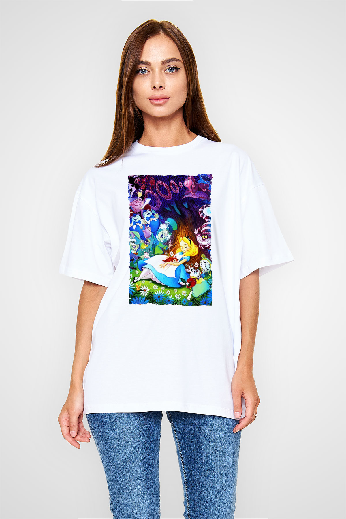 Alice in Wonderland Beyaz Unisex Oversize Tişört T-Shirt