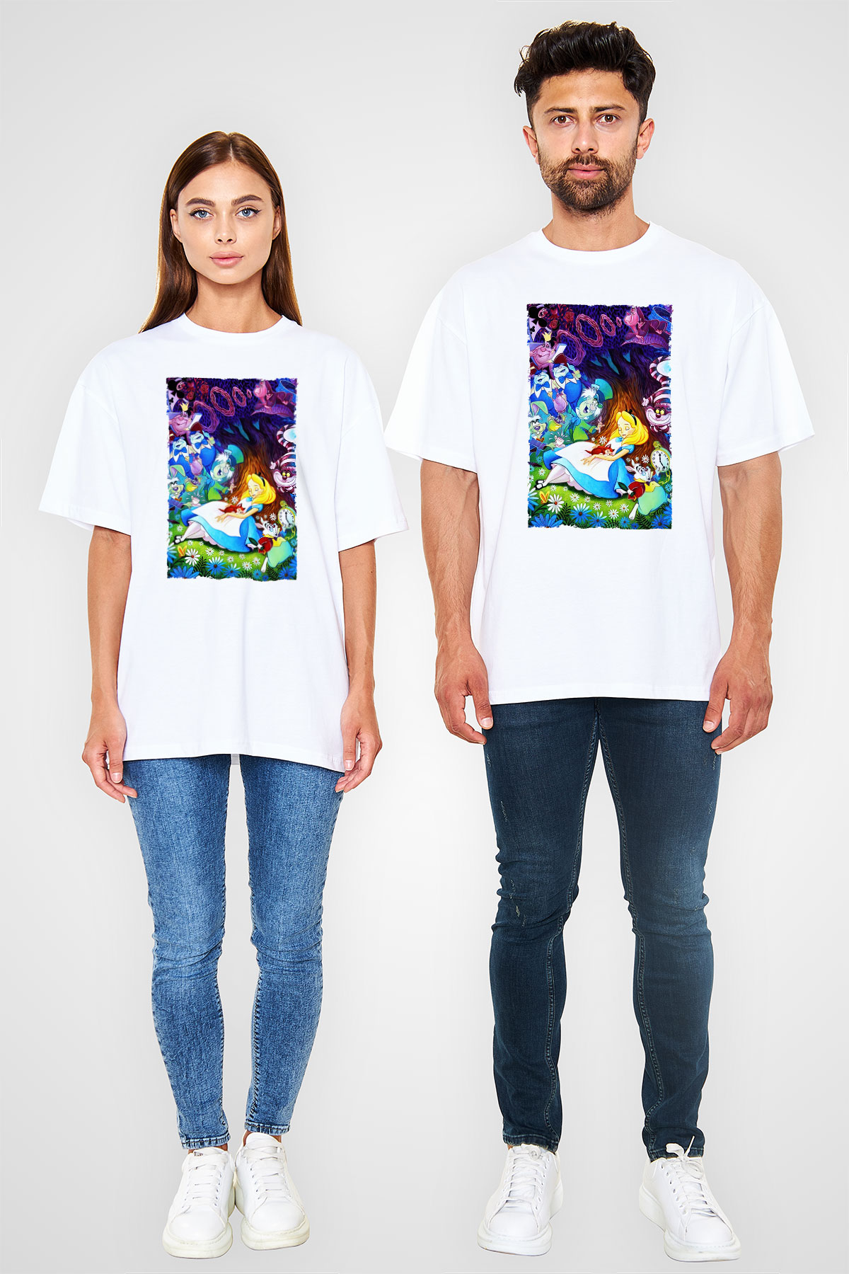 Alice in Wonderland Beyaz Unisex Oversize Tişört T-Shirt