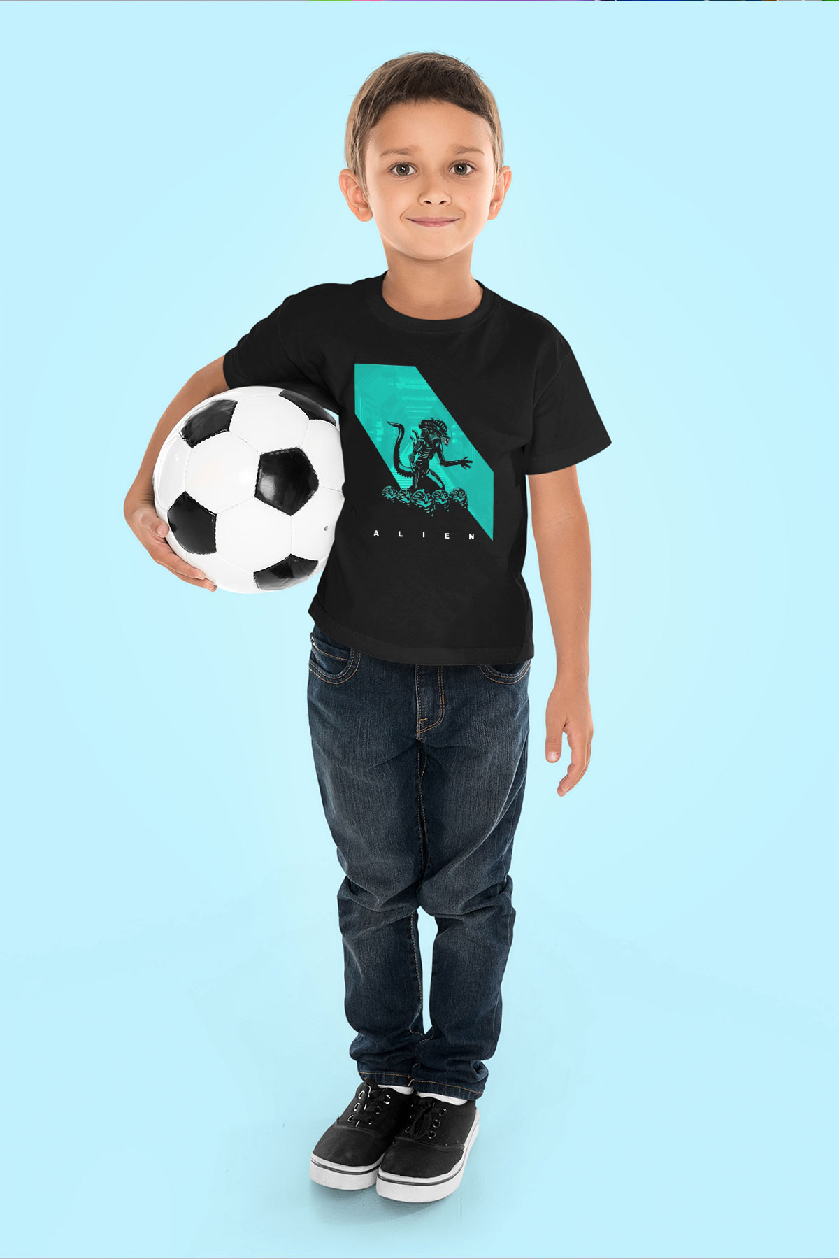 Alien Baskılı Siyah Unisex Çocuk Tişört